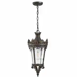 RYHNUYNE - Antique Crown Outdoor Hanging Lantern 18"H, Weatherproof Vintage Pendant Light with Ornate Metal Frame and Clear Glass