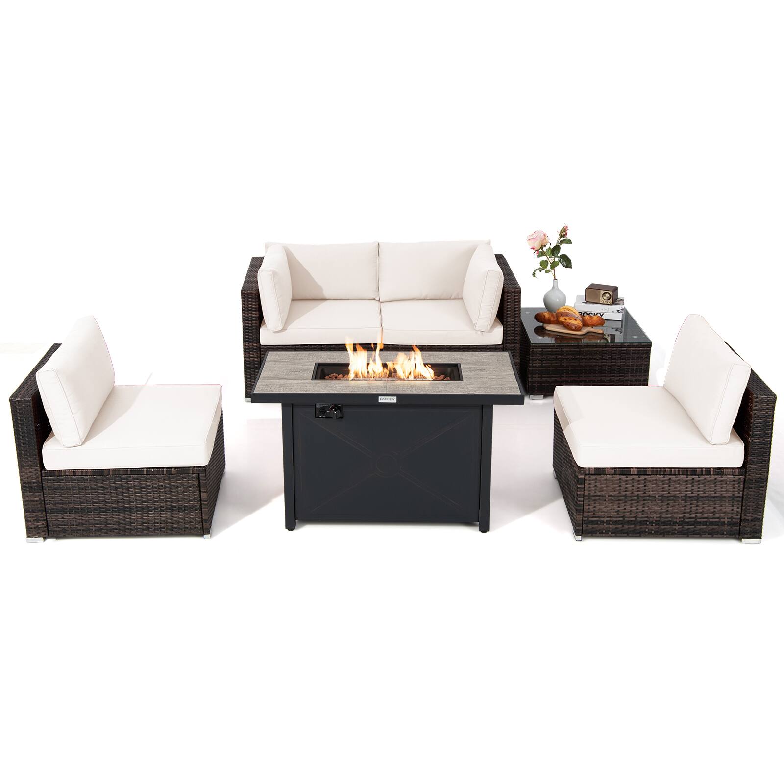 Costway - 6PCS Patio Furniture Set Rattan Cushioned Gas Fire Pit Table - Off White