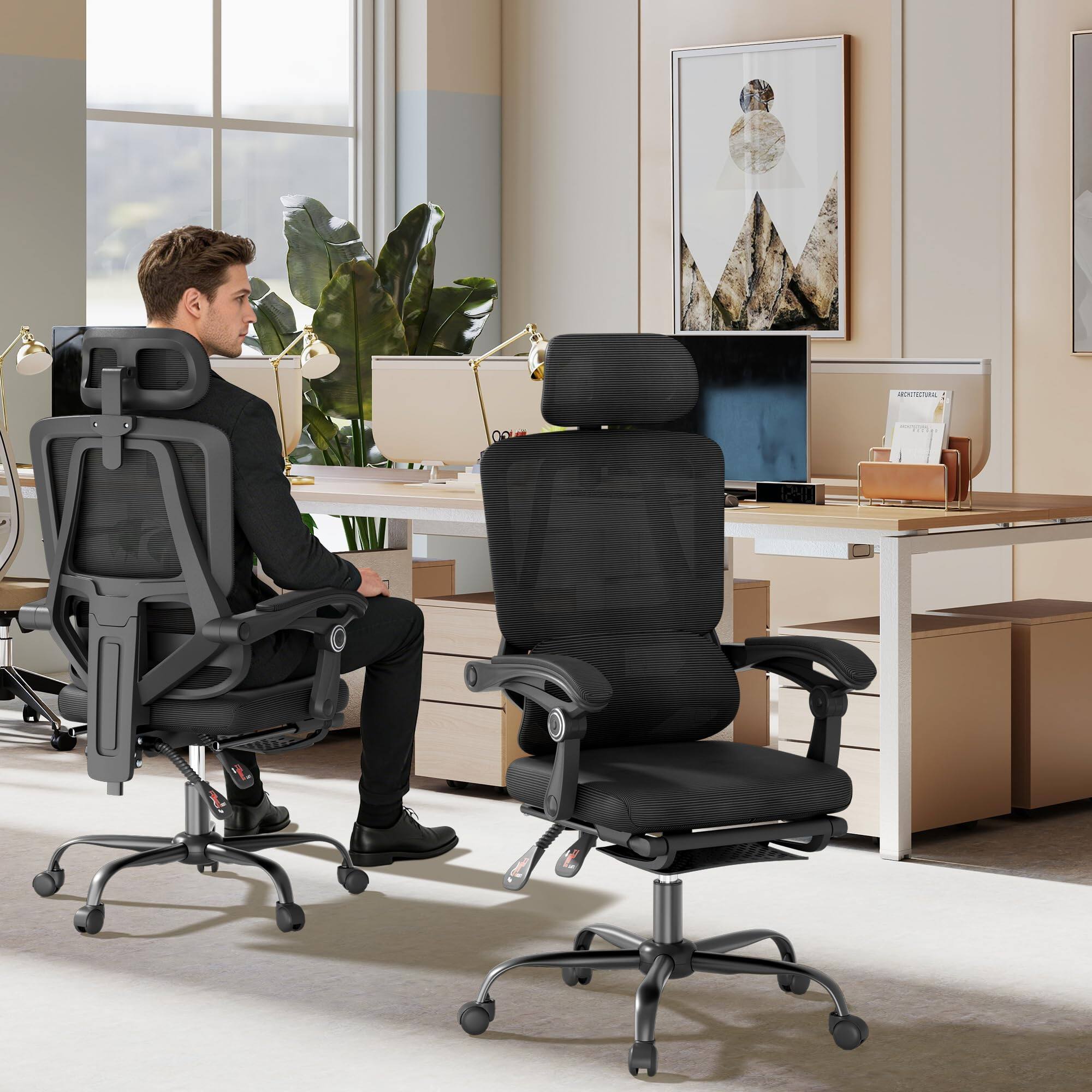 Back. COQOOL - Office Chair with Footrest, High Back Reclining Desk Chair with Adjustable Headrest, Comfortable Task Chair for Home - black.
