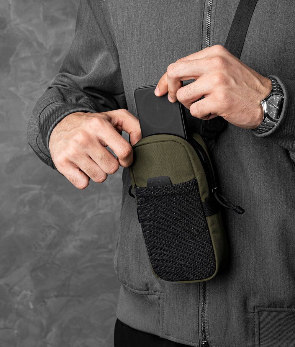Back. ALPAKA - Men’s Sling Bag & Belt Bag - Crossbody Phone Sling with Card Sleeve and HUB Compatibility - Green Axoflux 400D Washed Nylon.