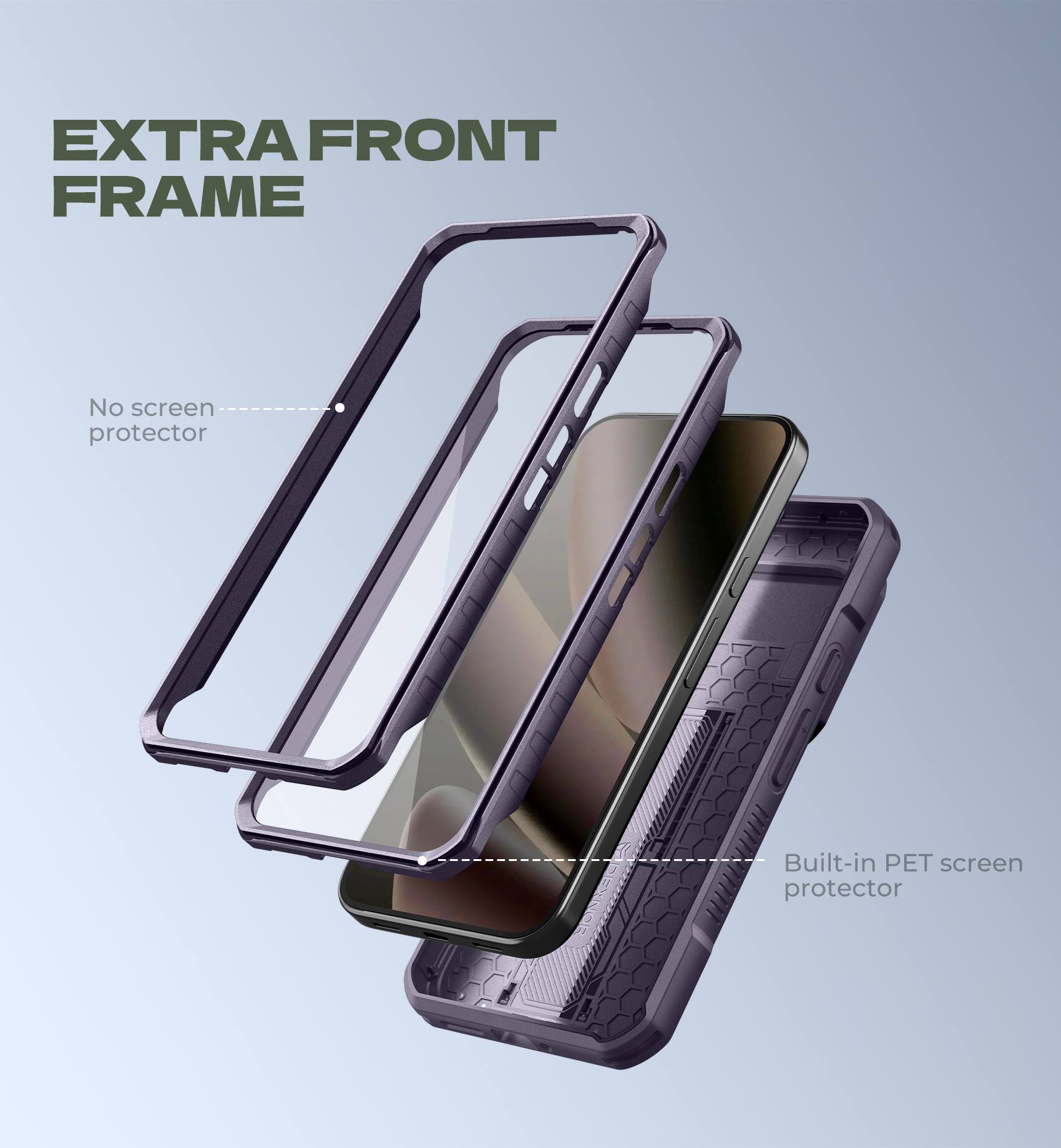 EXTRA FRONT FRAME

No screen protector

Built-in PET screen protector