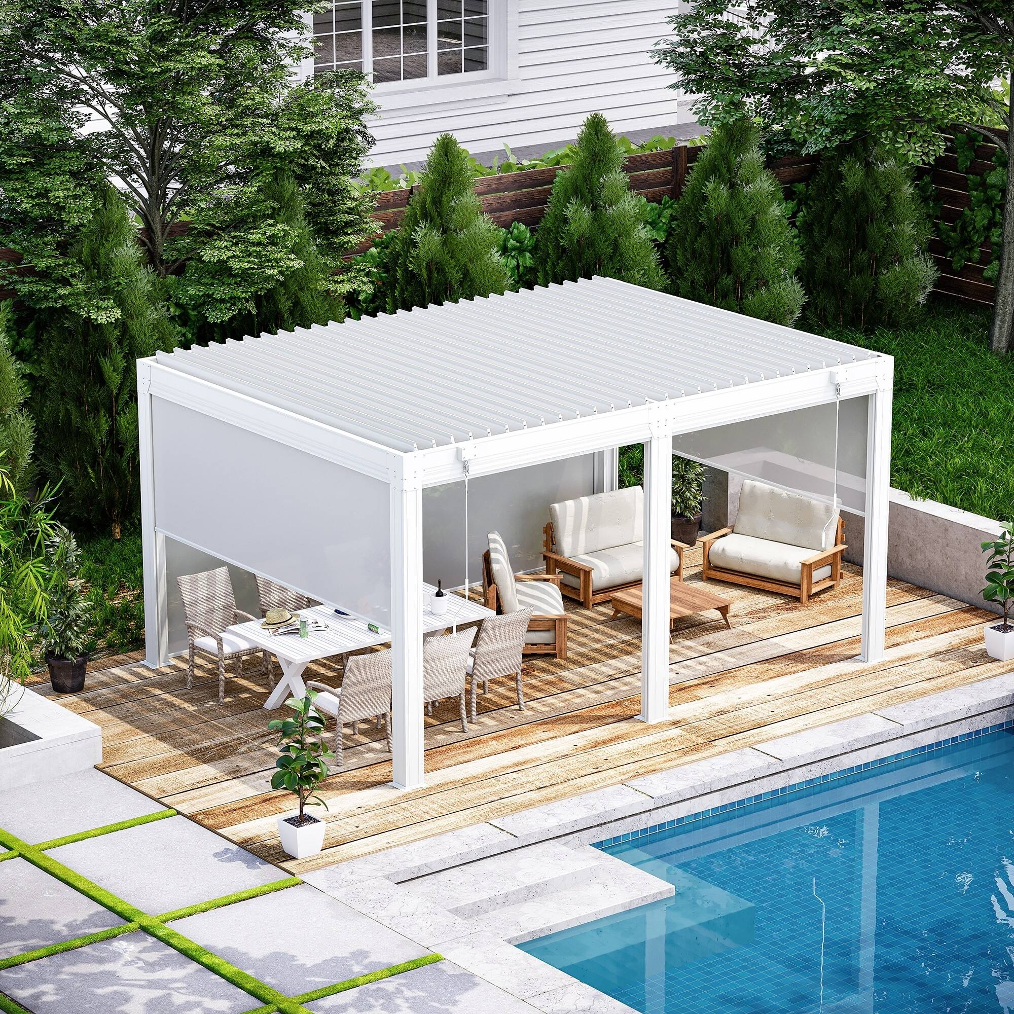 Left. U-HOMY - 12x16 ft Aluminum Pergola with Adjustable Rainproof Roof & Pull-Down Privacy Screens, Outdoor Hardtop Gazebo for Patio - White.