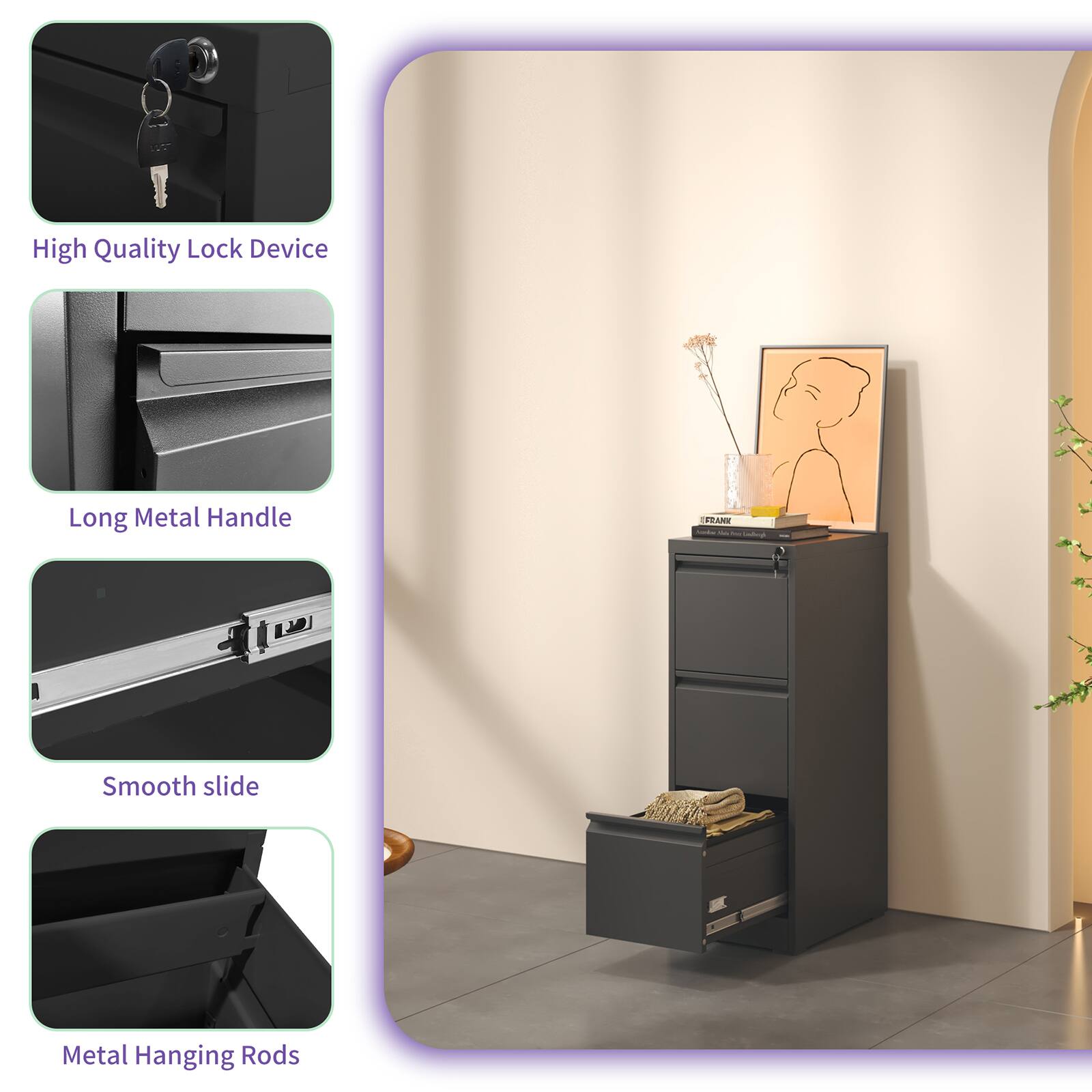 High Quality Lock Device  
Long Metal Handle  
Smooth slide  
Metal Hanging Rods