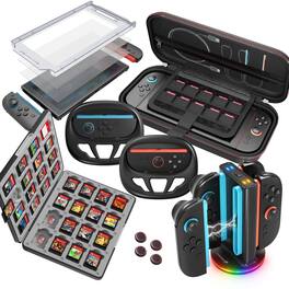 Fosmon - Switch 2 Accessories Bundle for Nintendo Kit: Carrying Case Screen Protector Game Card Case Charging Dock Racing Wheel - Black