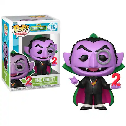 Sure, here is the corrected and grouped text from the image:
---
**Front of the Box:**
- **Top Left Corner:**
- "Funko"
- "POP! TELEVISION"
- **Top Right Corner:**
- "SESAME STREET"
- "1792"
- **Center:**
- "2"
- "THE COUNT"
- "VINYL FIGURINE EN VINYLE"
- "FIGURA DE VINIL"
- "FIGURA DE VINIL"
- **Bottom:**
- "WARNING: CHOKING HAZARD - Small parts. Not for children under 3 years."
- "ATTENTION: DANGER - RISQUE D'ÉTOUFFEMENT - Pièces détachées. Ne convient pas aux enfants de moins de 3 ans."
- "ADVERTENCIA: PELIGRO - RIESGO DE AHOGO - Piezas pequeñas. No es adecuado para niños menores de 3 años."
---
**Side of the Box:**
- "POP! TELEVISION"
---
**Back of the Box:**
- "POP! TELEVISION"
---
**Toy Figure:**
-