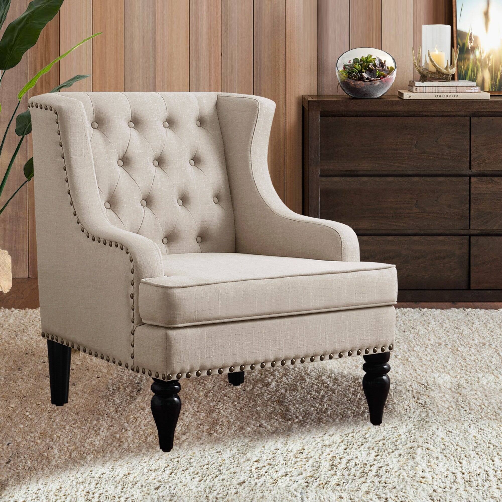 Alt View 5. Boyel Living - Linen Button Tufted Accent Chair with Nailhead Trim and Solid Wood Legs - Beige.