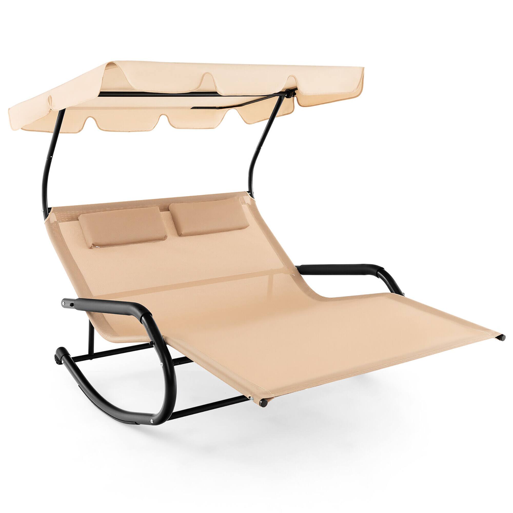 Alt View 1. Gymax - Gymax Outdoor 2-Person Double Rocking Chaise Lounge w/ Canopy & Wheels Metal Frame - Beige.