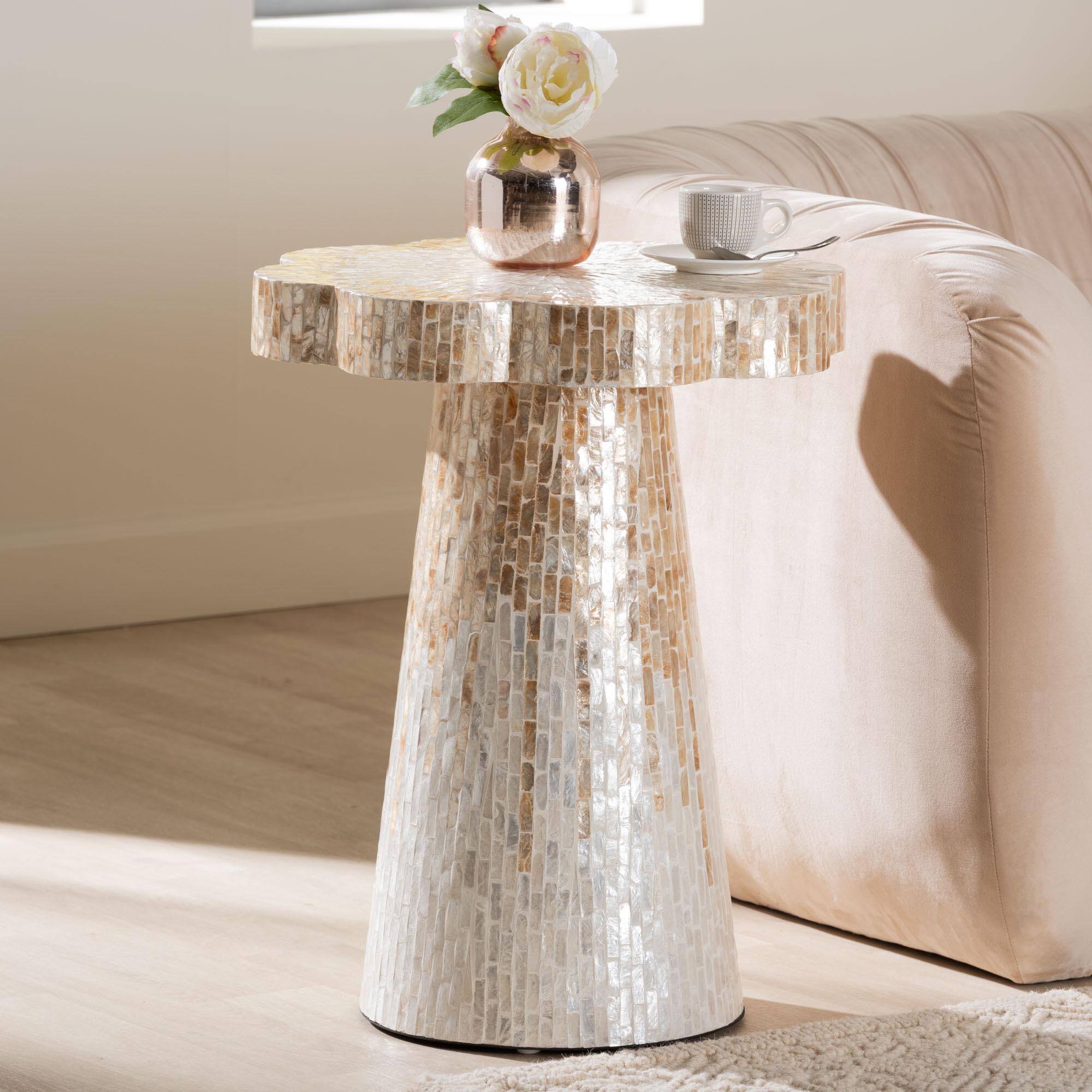 Alt View 2. bali & pari - Beile Capiz Shell Pedestal End Table - Mother of Pearl Scalloped Accent Table with Textured Inlay Surface - White/Champagne Beige.