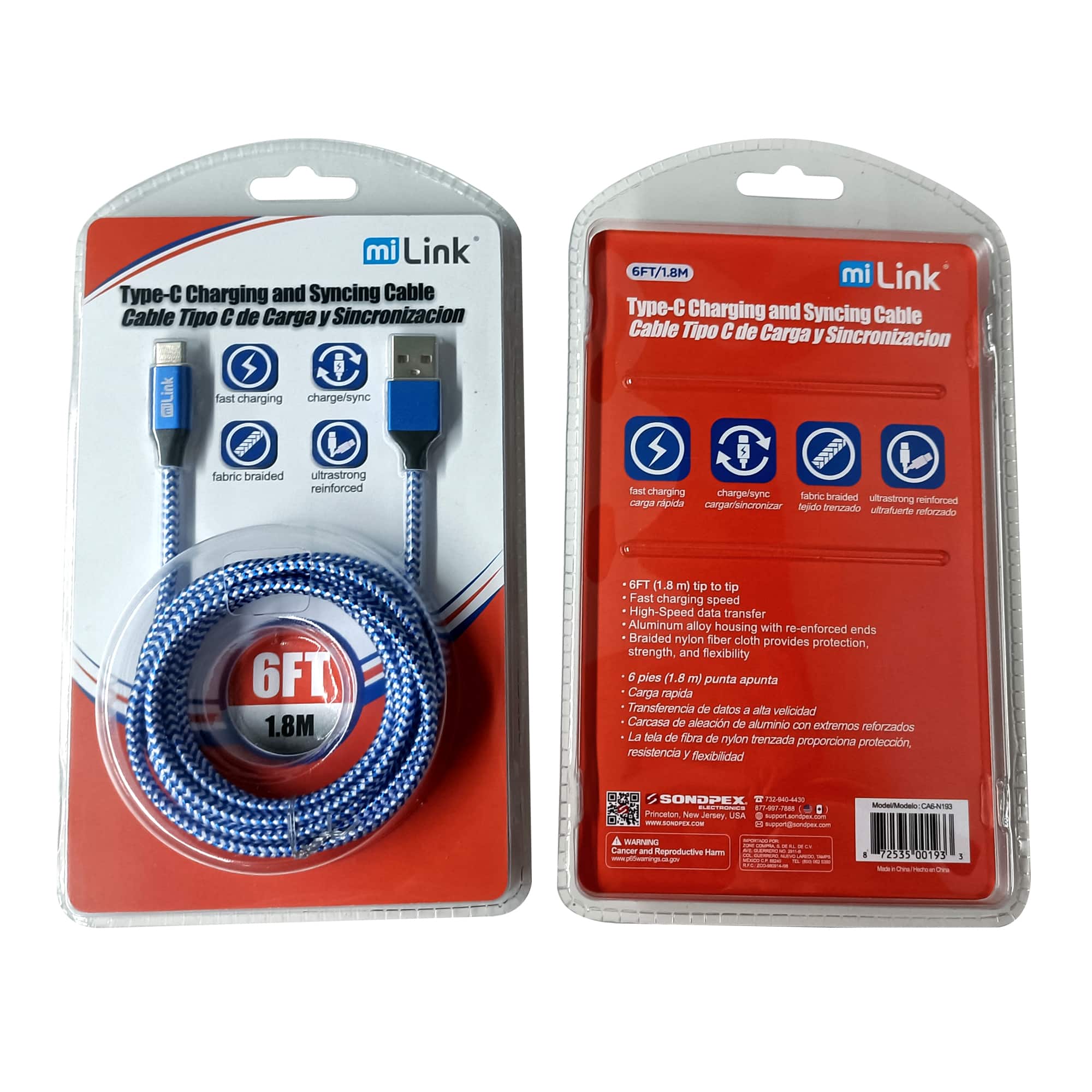 miLink - 6' Type-C to USB-A Charging and Syncing Cable
