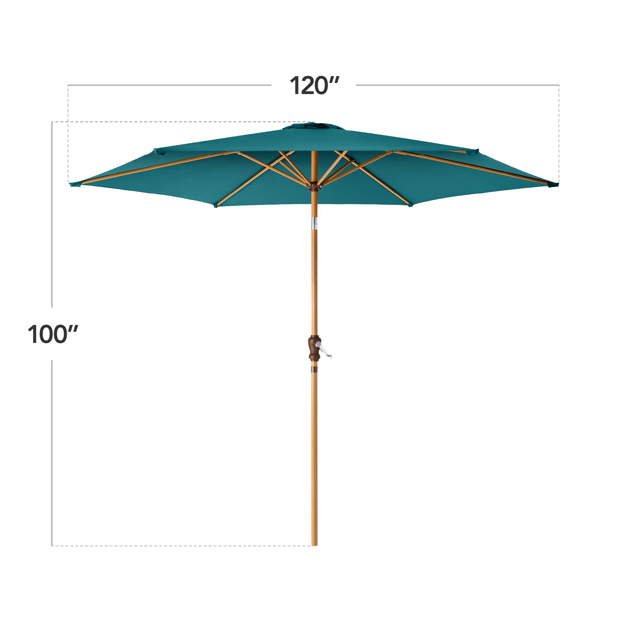 The text on the image shows the dimensions of an umbrella:

- The diameter of the umbrella is 120 inches.
- The height of the umbrella is 100 inches.