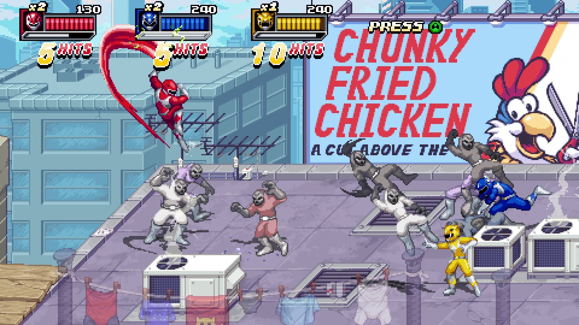 The image features a video game with a group of characters, including a person in a red suit, fighting in a city setting. The game is set in a restaurant, with a Chunky Fried Chicken sign visible in the background. The characters are engaged in a battle, with some of them holding knives and others using other weapons. The game appears to be a mix of action and fighting elements, with the characters taking part in a heated confrontation.