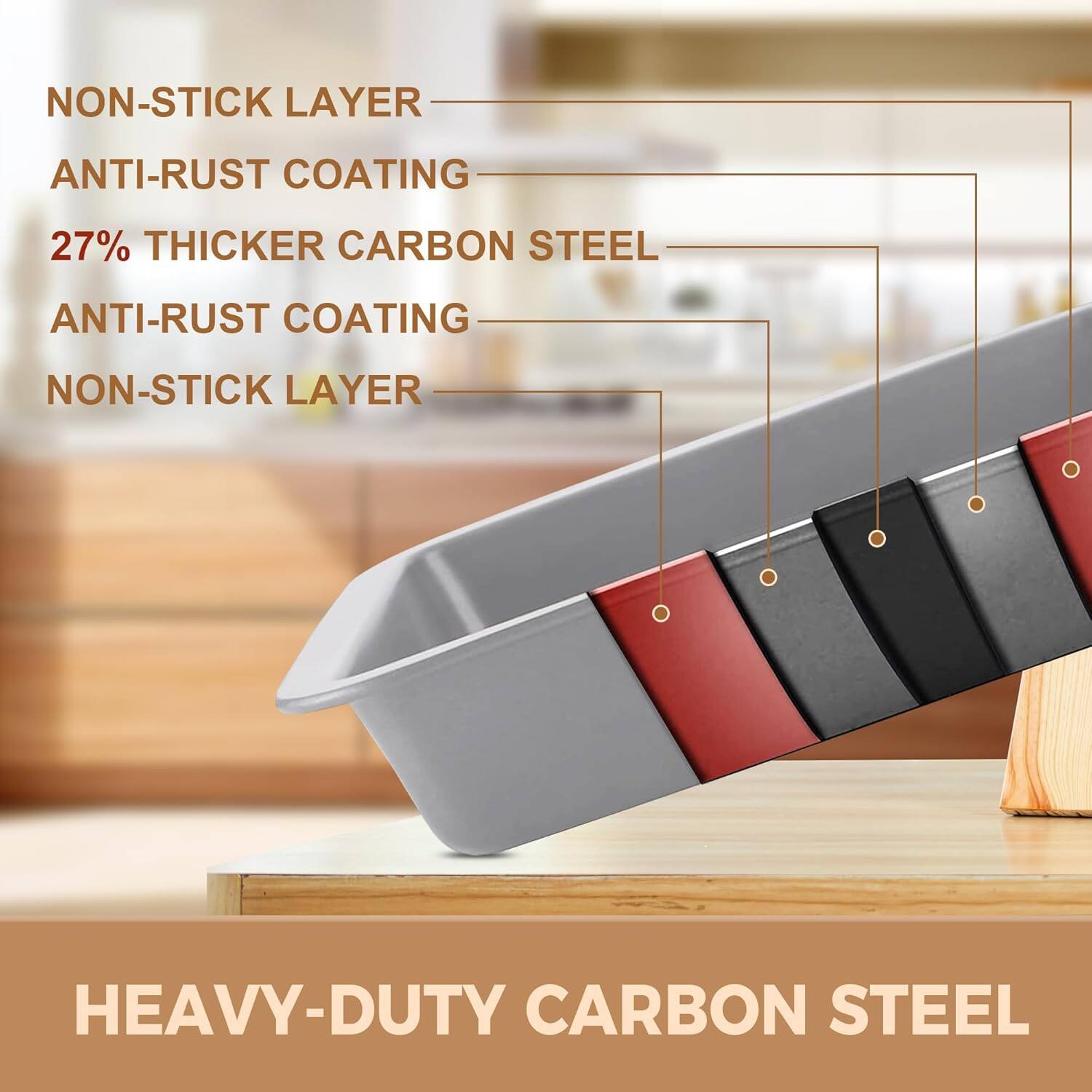 - NON-STICK LAYER
- ANTI-RUST COATING
- 27% THICKER CARBON STEEL
- ANTI-RUST COATING
- NON-STICK LAYER

HEAVY-DUTY CARBON STEEL