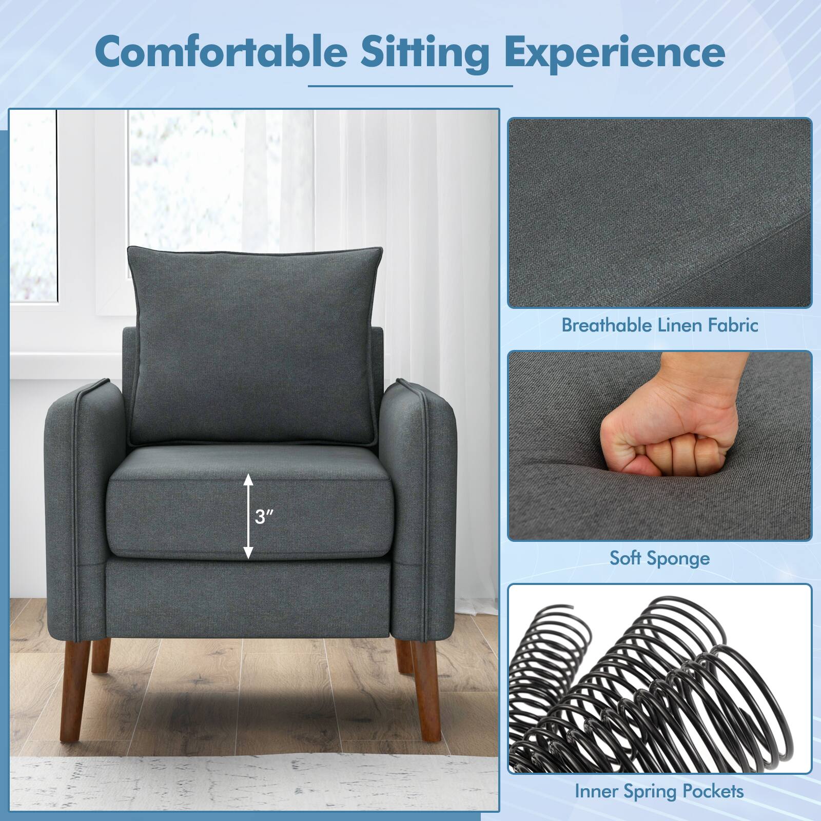Comfortable Sitting Experience: Breathable Linen Fabric, 3" Soft Sponge Inner Spring Pockets.