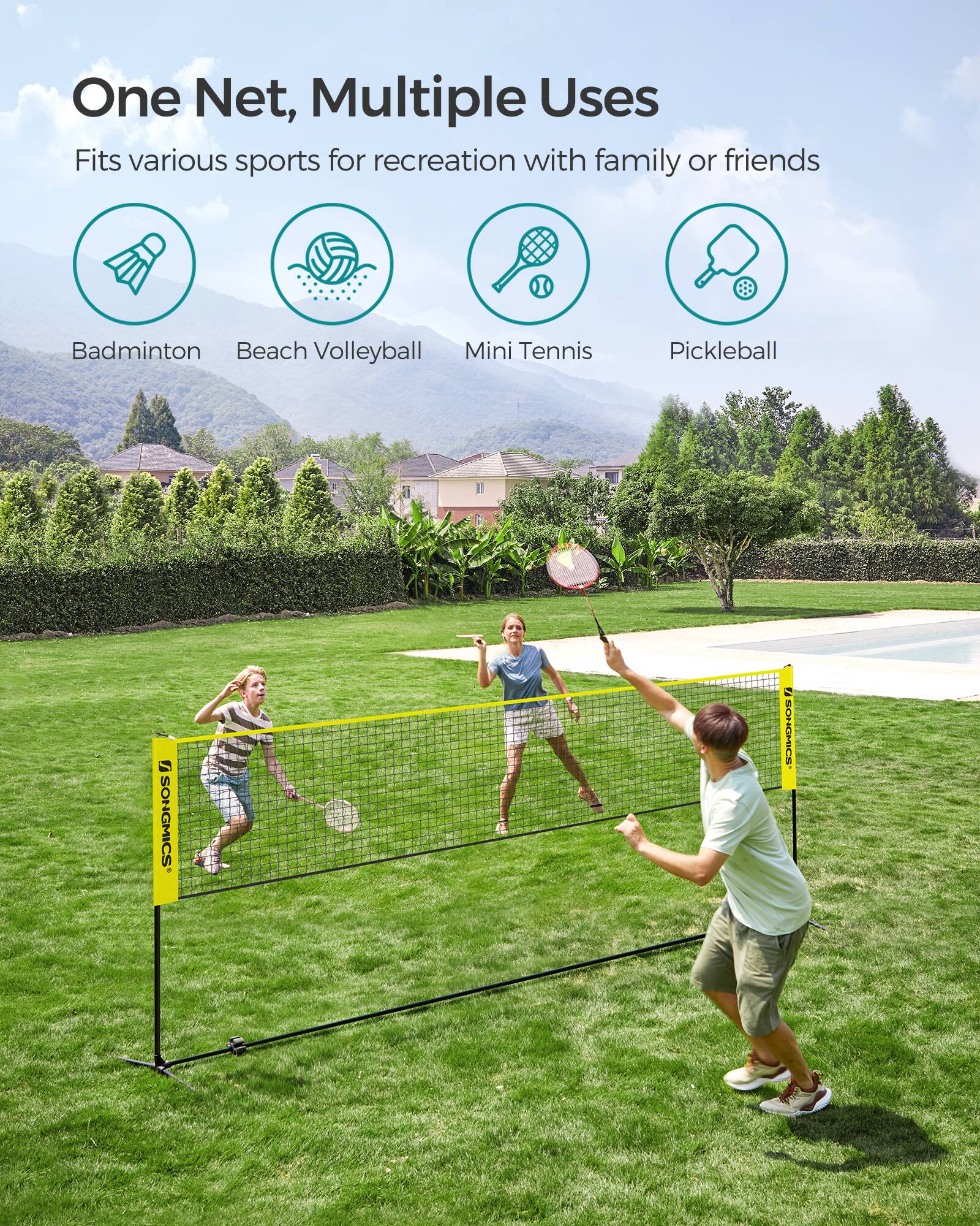 One Net, Multiple Uses  
Fits various sports for recreation with family or friends  

- Badminton  
- Beach Volleyball  
- Mini Tennis  
- Pickleball  

SONGMICS