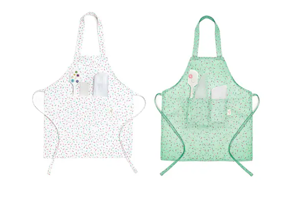 Front. Tovla Jr - Apron Gift Set for Kids - Baking and cooking with Pocket for Boys and Girls - Sprinkle Print - Multi-colored.