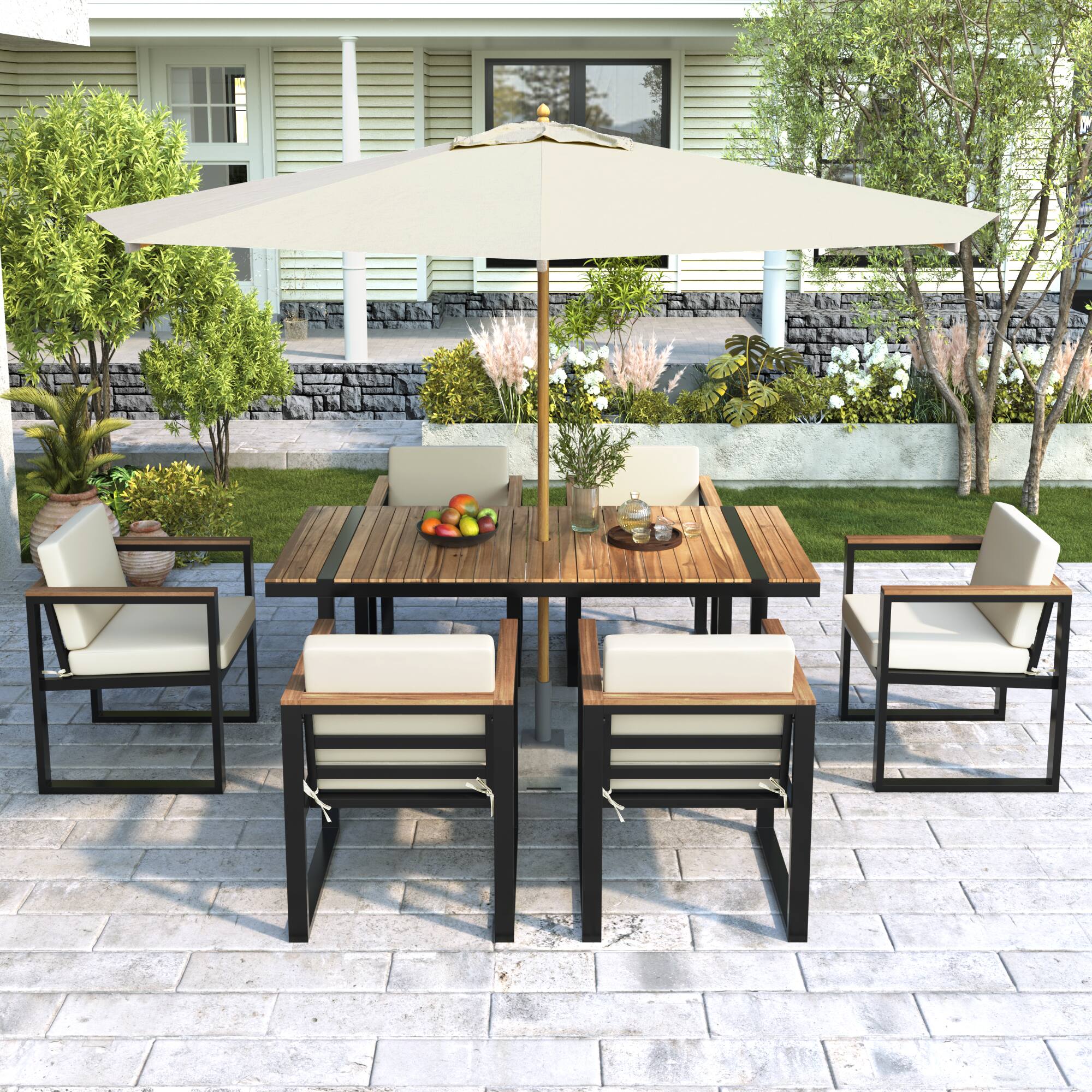 Left. Mondawe - 7 Pieces Outdoor Dining Set with Removable Cushions - Beige.