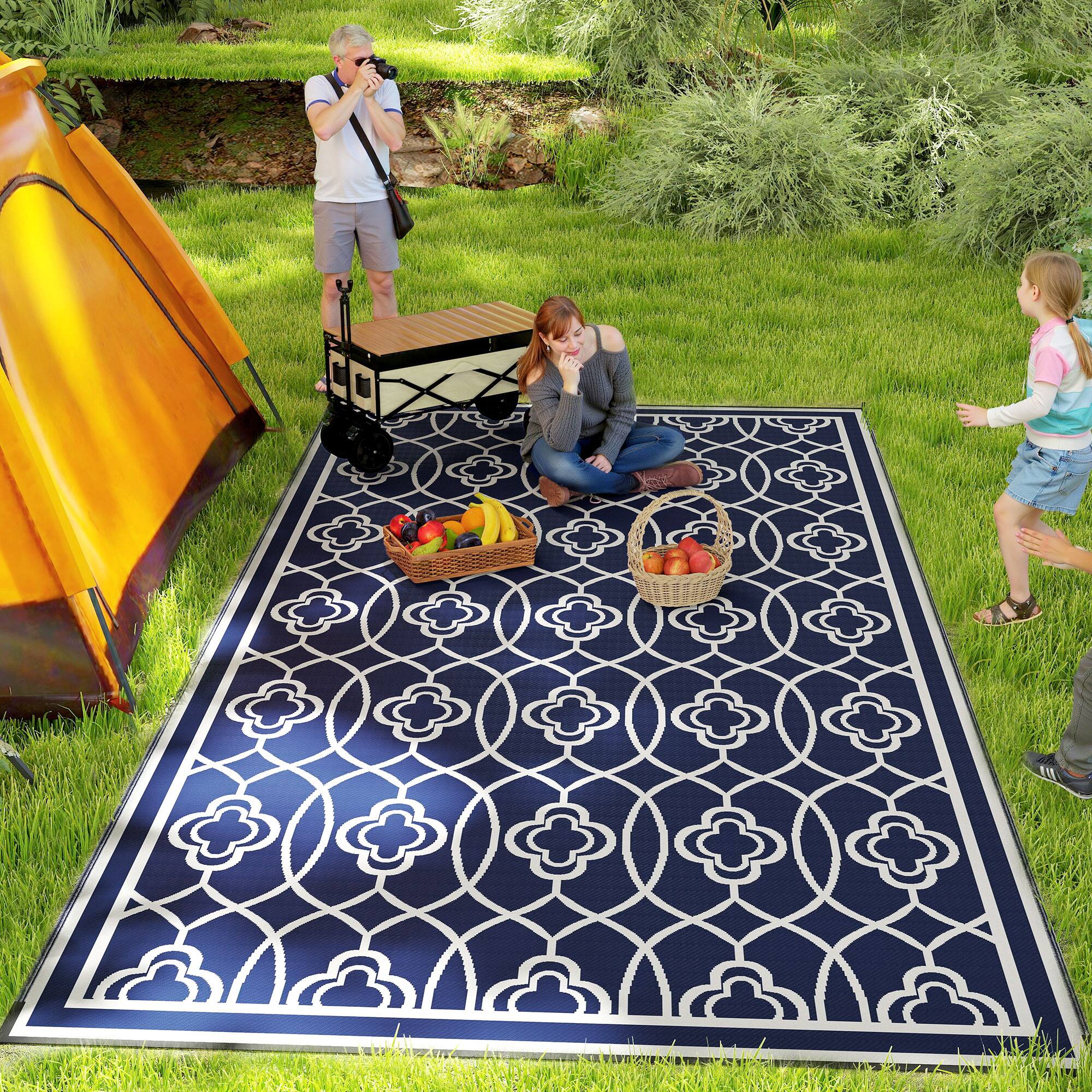 Alt View 1. Outsunny - Outdoor Rug for Patio, 9' x 18' Waterproof Large Mat, Reversible Plastic Straw Rug for Décor - Blue and White Lantern.