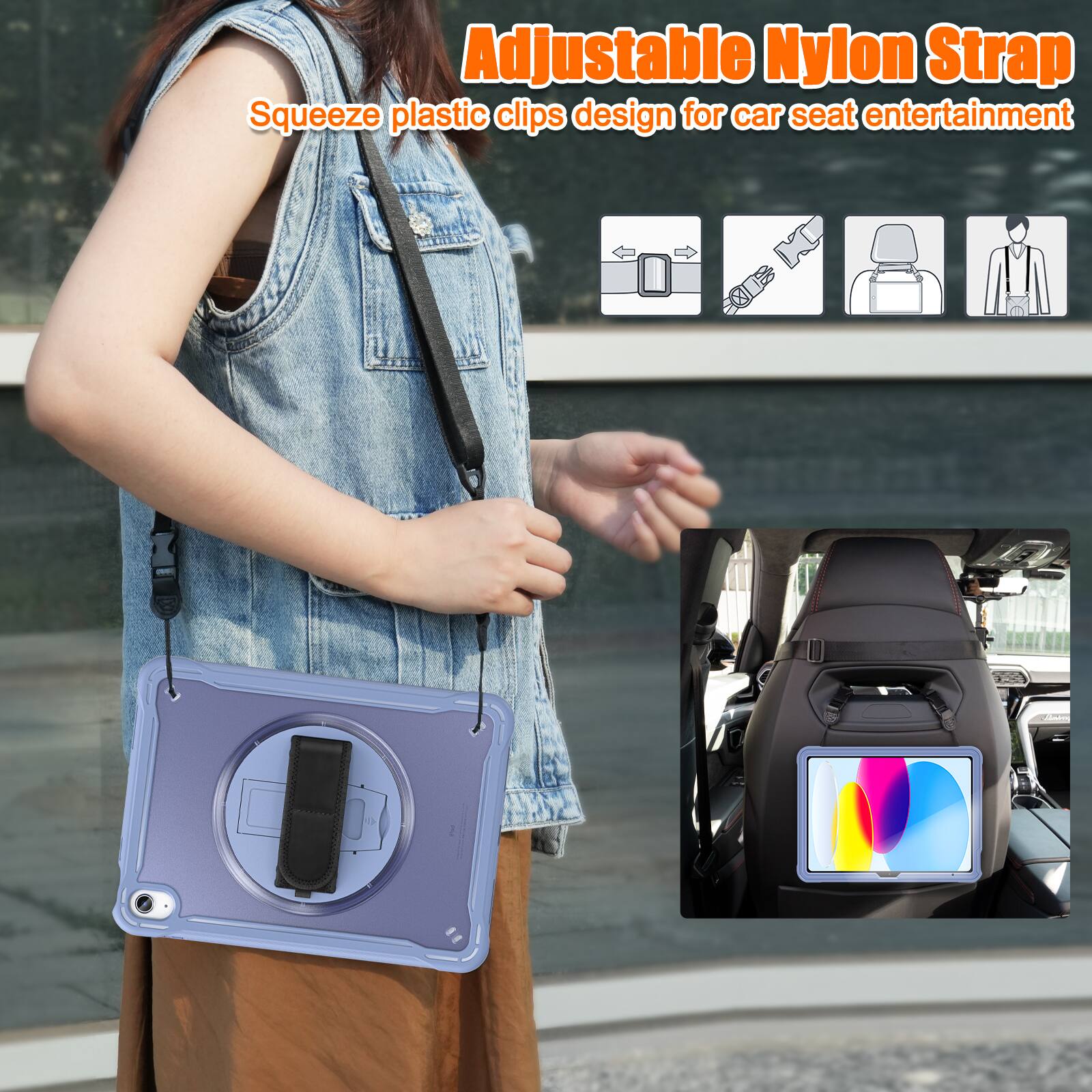 Adjustable Nylon Strap  
Squeeze plastic clips design for car seat entertainment