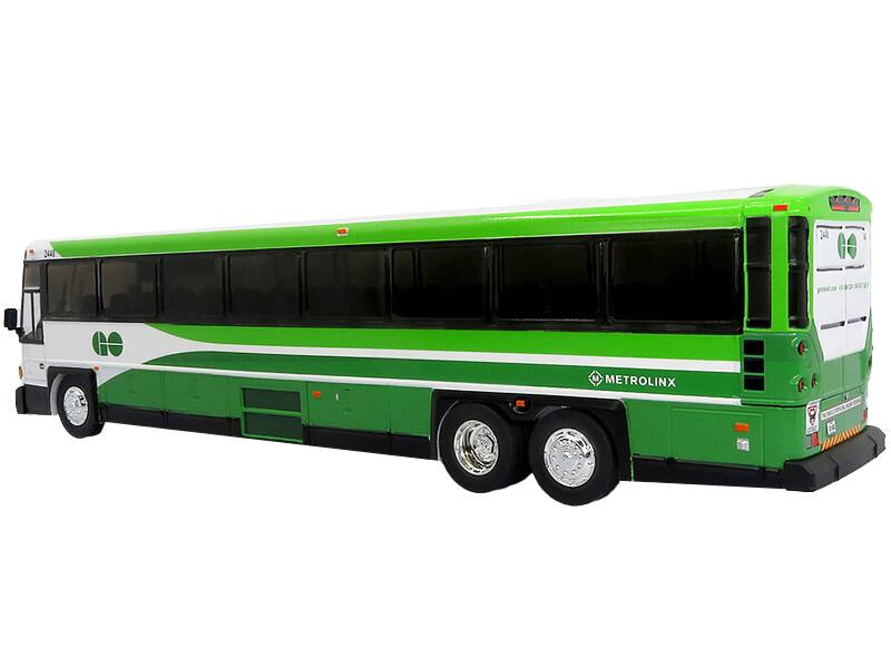 Angle. Iconic Replicas - MCI D4500CT Commuter Coach Bus Metrolinx GO Transit Ontario White Green Limited Edition Vintage Bus 1/50 - White, Green.