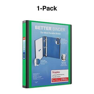 1-Pack  
BETTER BINDER  
Our Most Durable Binder  

Staples  
Lasting Performance, Flexible Spine  
1"  
275 Sheets