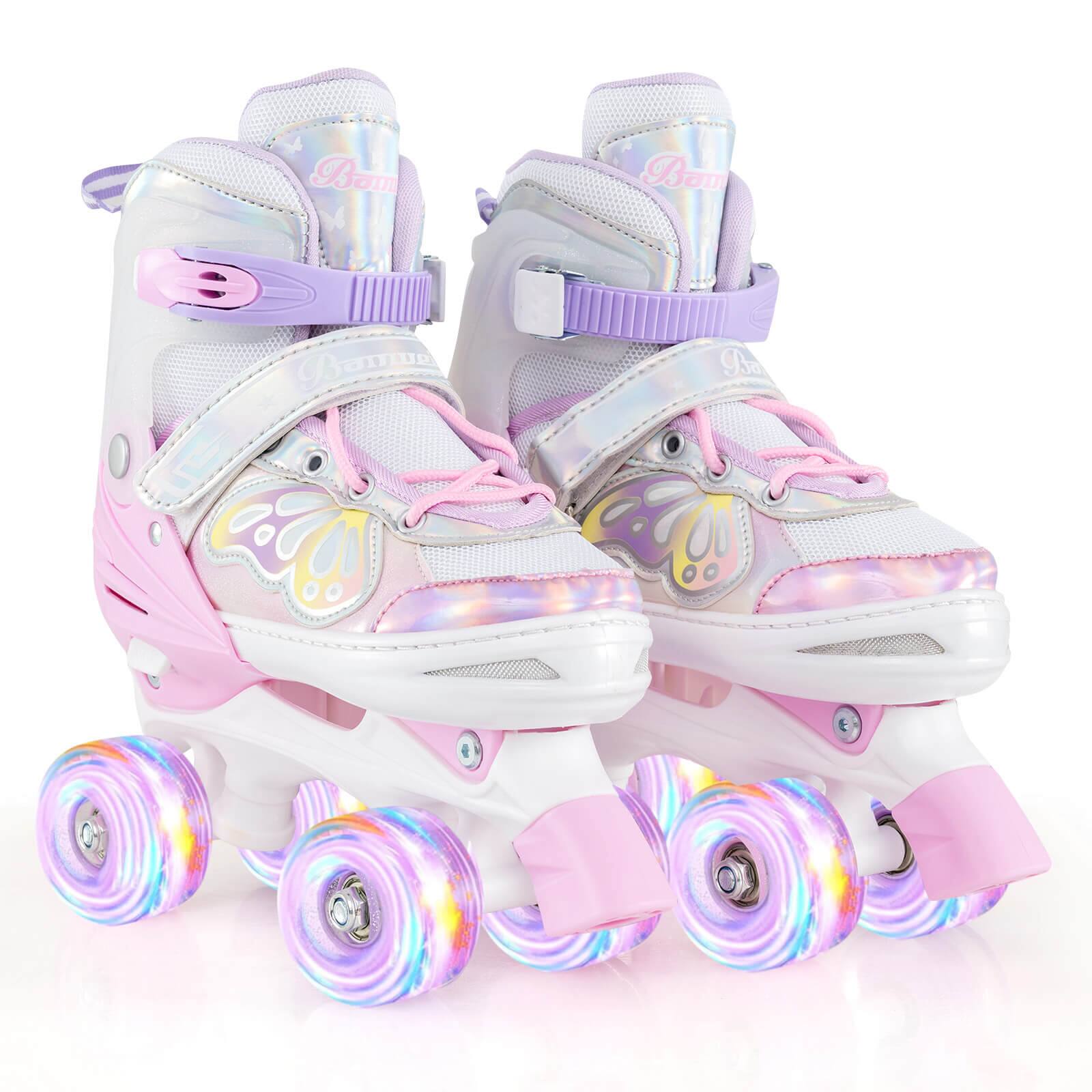 Costway - 4 Sizes Adjustable Quad Skates with Light-up Wheels Safety Protection for Ages 13+ - Pink