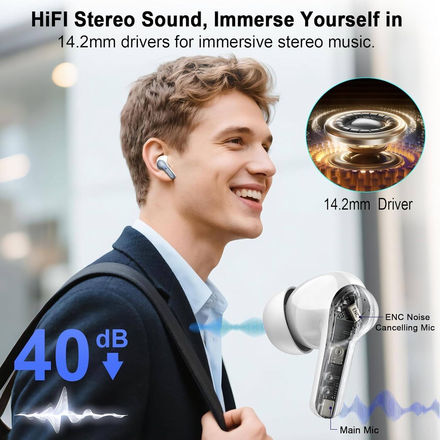 HiFi Stereo Sound, Immerse Yourself in  
14.2mm drivers for immersive stereo music.  

14.2mm Driver  
40 dB  

ENC Noise Cancelling Mic  
Main Mic
