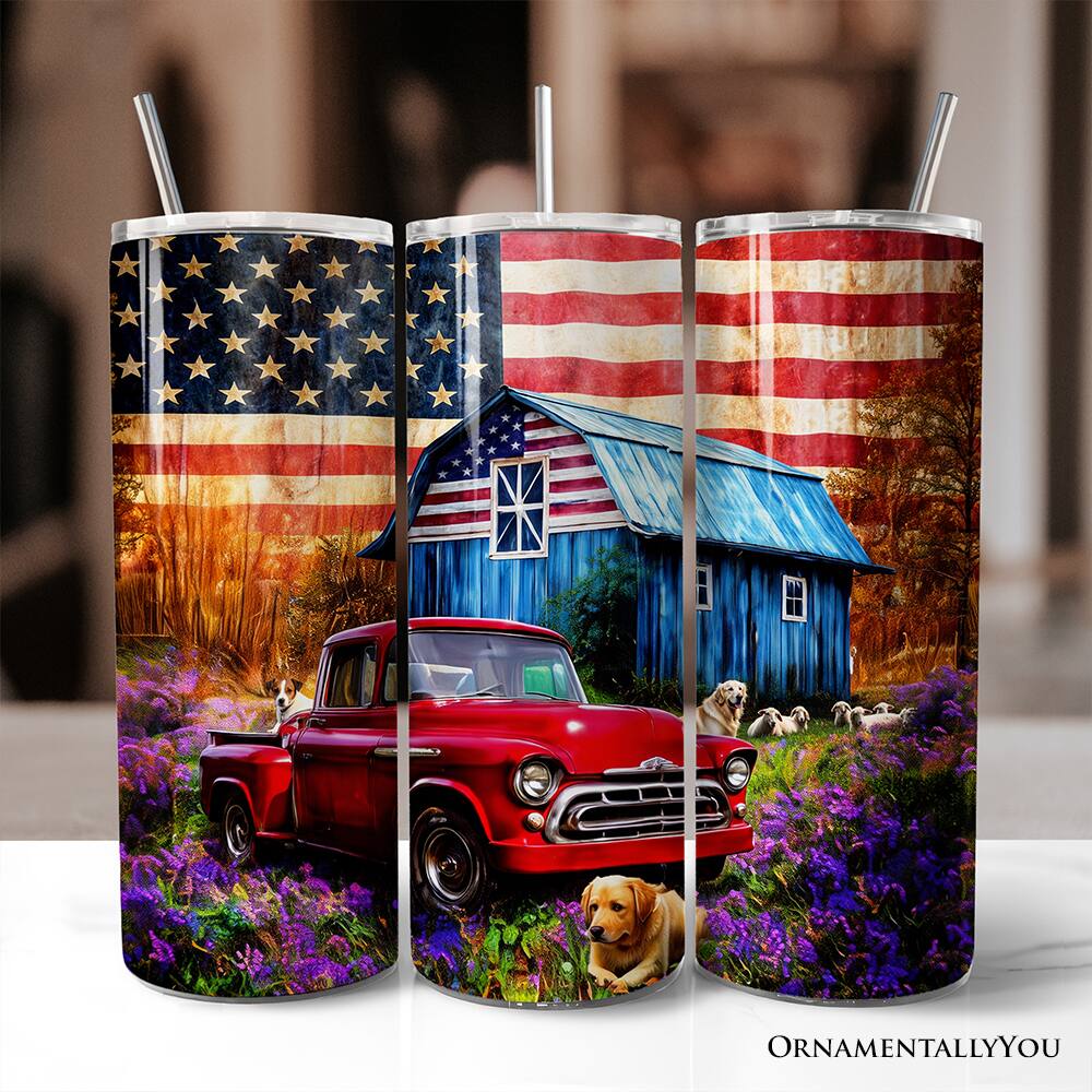 Back. OrnamentallyYou - Rustic Old Red Truck and Country Barn 20oz Tumbler With Lid and Stainless Steel Straw - Multicolored.