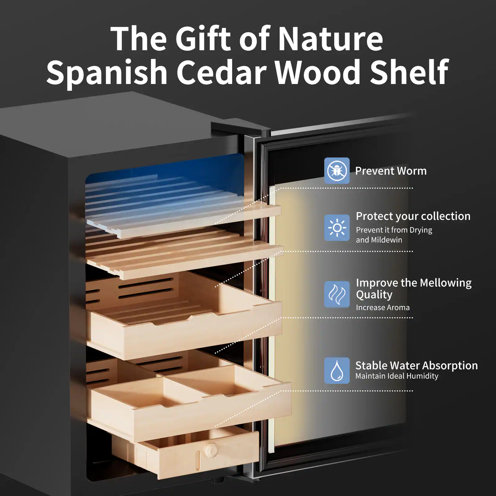 The Gift of Nature Spanish Cedar Wood Shelf

- Prevent Worm
- Protect your collection
  - Prevent it from Drying and Mildew
- Improve the Mellowing Quality
  - Increase Aroma
- Stable Water Absorption
  - Maintain Ideal Humidity