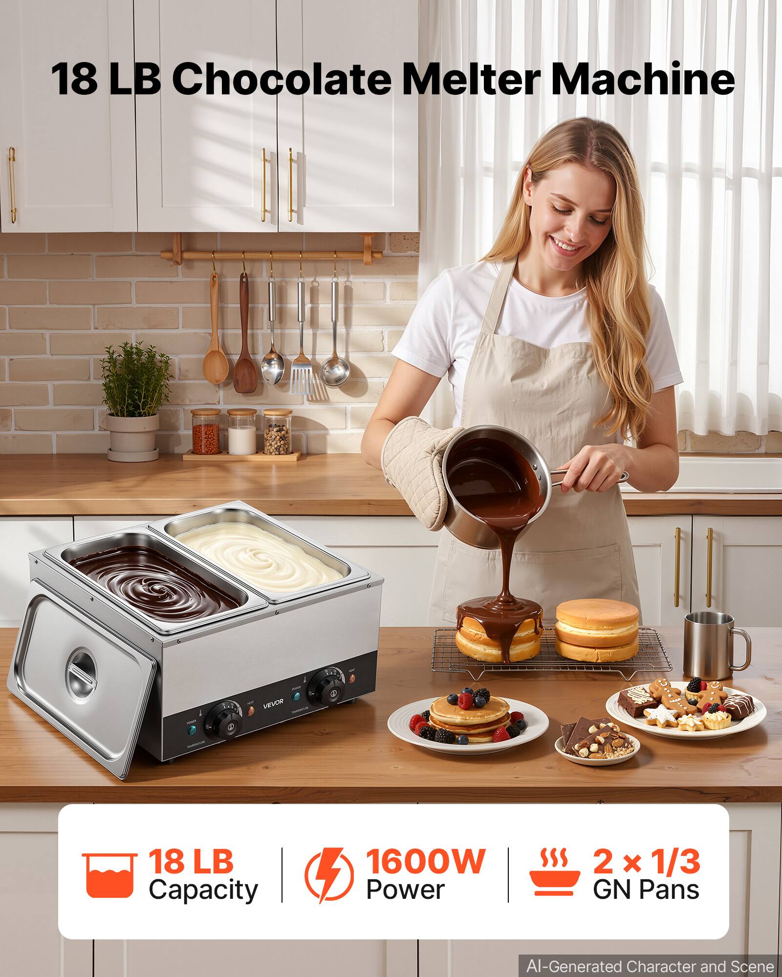 18 LB Chocolate Melter Machine

18 LB Capacity
1600W Power
2 x 1/3 GN Pans

AI-Generated Character and Scene