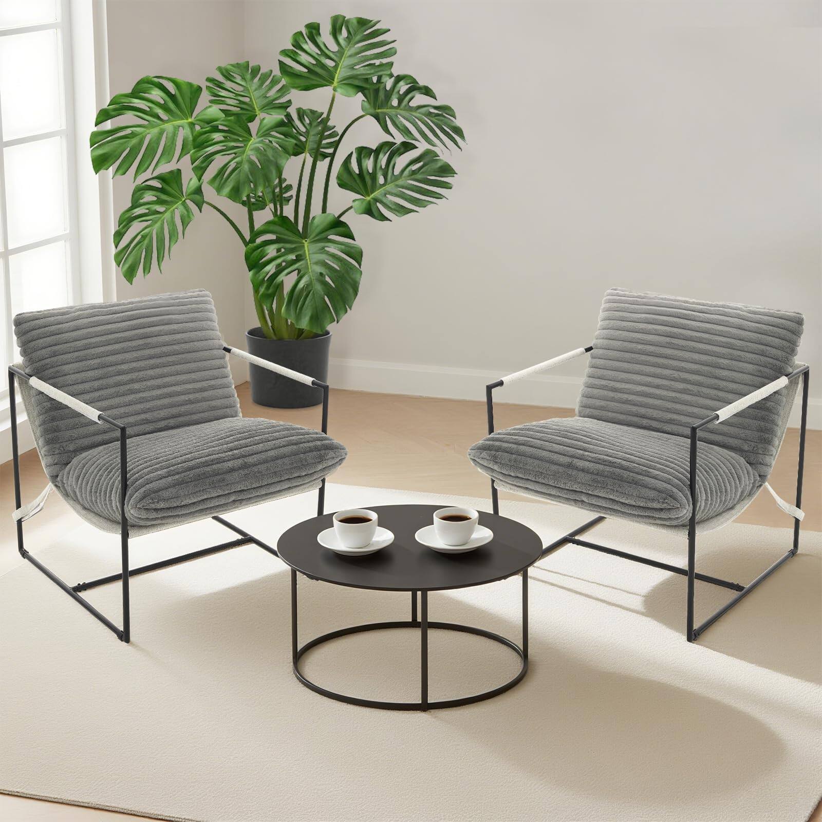 Alt View 2. Babevy - Modern Sling Accent Chair with Metal Frame, Upholstered Oversized Armchair with Shredded Foam Cushion for Living Room - Corduroy | Dark Gray.