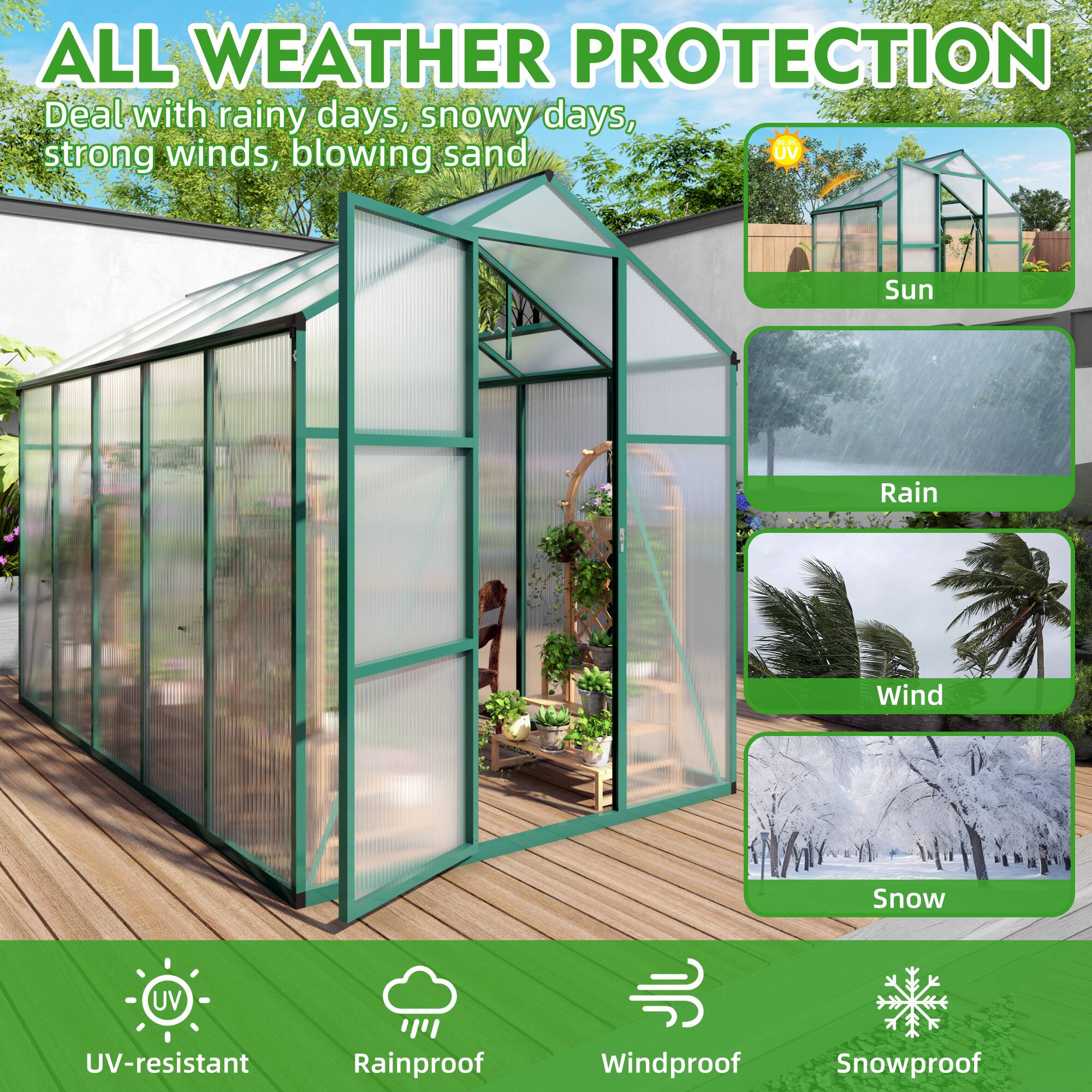 ALL WEATHER PROTECTION

Deal with rainy days, snowy days, strong winds, blowing sand

- Sun
- Rain
- Wind
- Snow

UV-resistant
Rainproof
Windproof
Snowproof