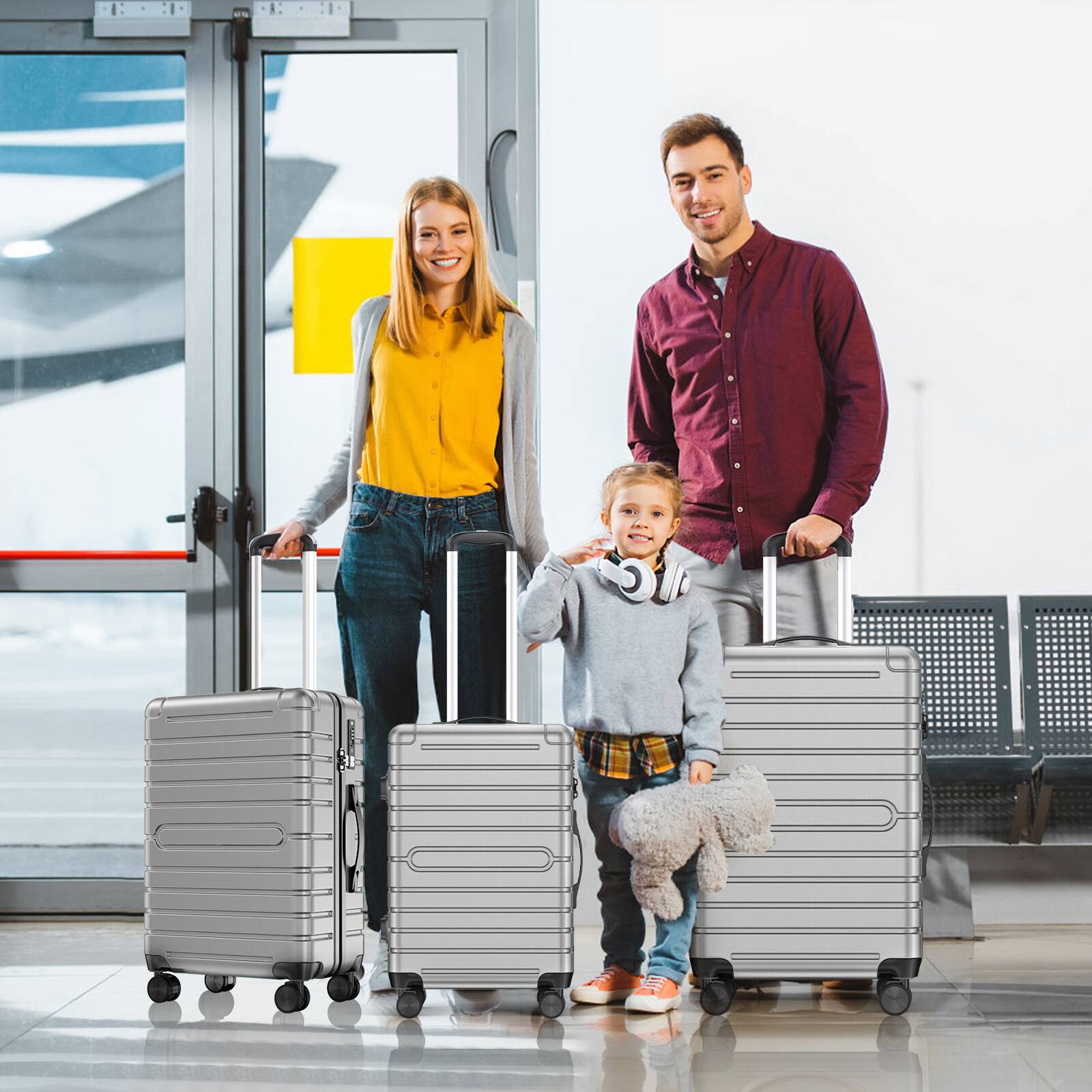 Angle. Sugift - 3 Piece Hardshell Luggage Sets Checked Spinner PC & ABS Luggage Set with YKK Zipper and TSA Lock - Grey.