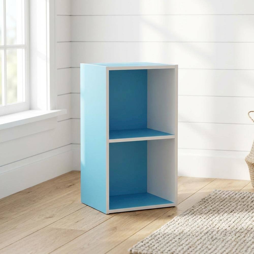 Angle. FurniFact - Wood Bookcase with Open Shelves and Modern Design for Living Room Storage - Light Blue/White.