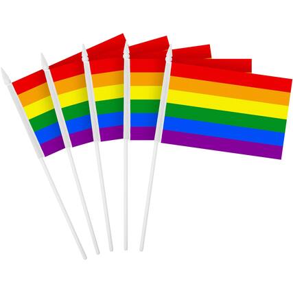 Front. G128 - 50-Pack Handheld Pride Stick Flags, 4 x 6 in, 150D Polyester, Plastic Stick with Spear Tip - Assorted Colors.