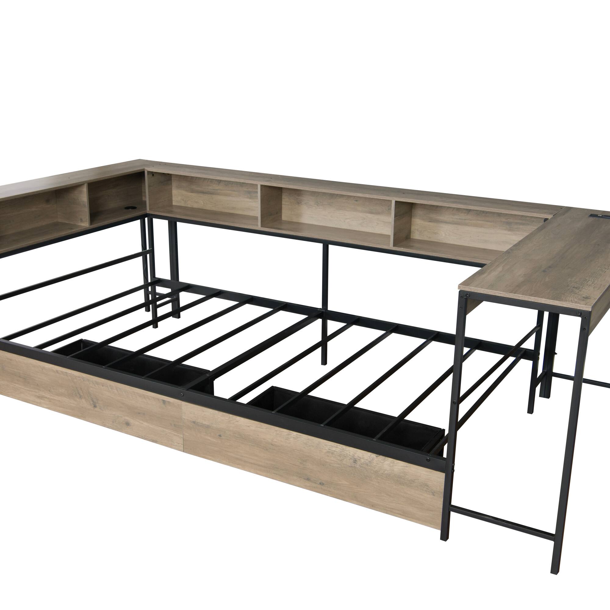 Alt View 8. GOODSILO - Compact Twin Corner Bed Frame with Integrated Bookcase, Underbed Storage Drawers, LED Lighting, and Charging Station - Grey.