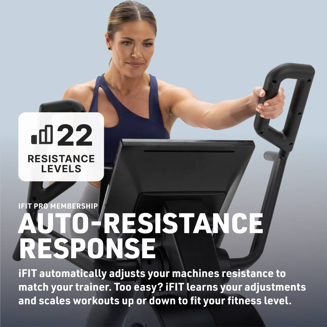 22 RESISTANCE LEVELS

IFIT PRO MEMBERSHIP

AUTO-RESISTANCE RESPONSE

iFIT automatically adjusts your machine's resistance to match your trainer. Too easy? iFIT learns your adjustments and scales workouts up or down to fit your fitness level.