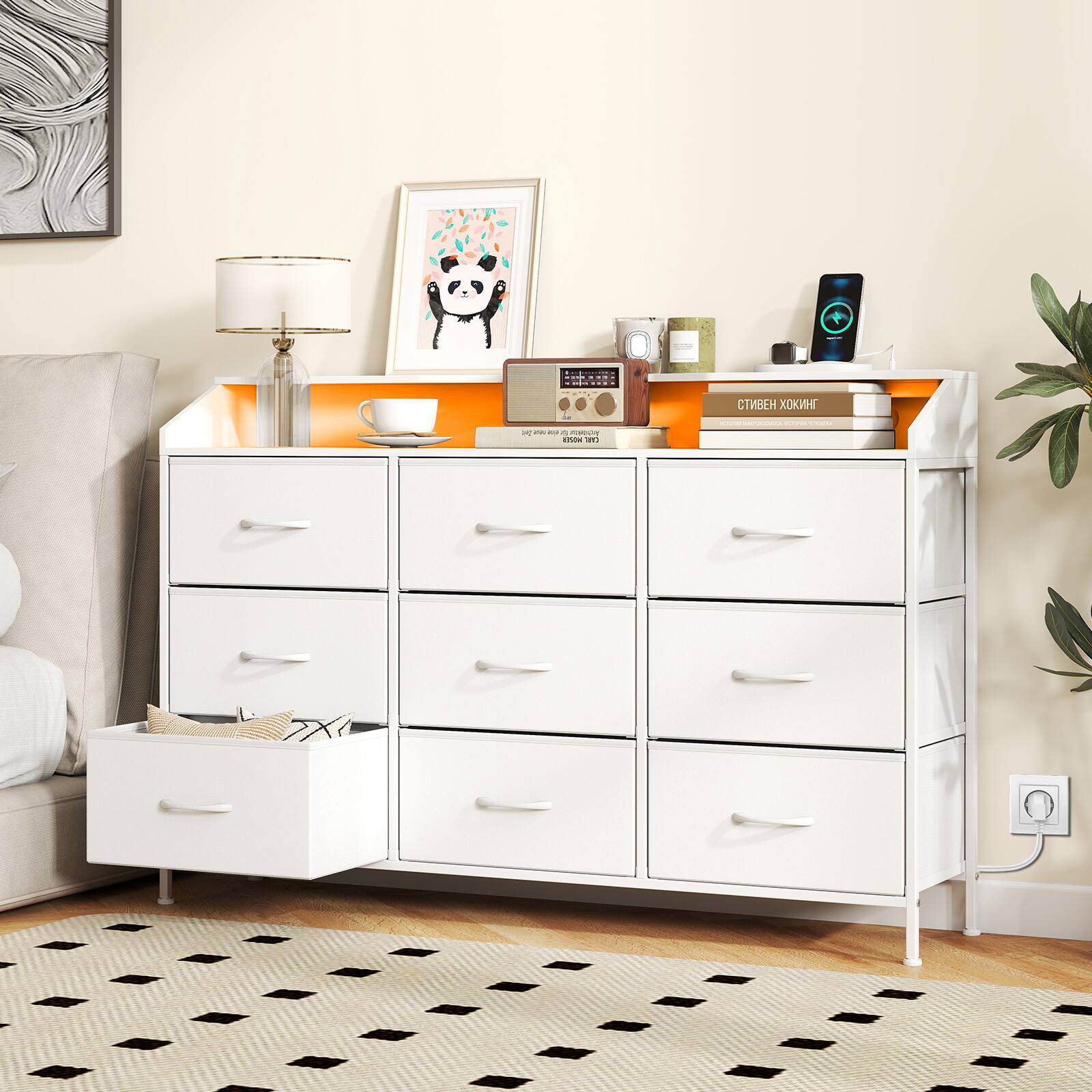 Alt View 3. Costway - Costway Storage Organizer Dresser with LED Lights, Charging Station, 9 Fabric Drawers & Metal Frame - White.