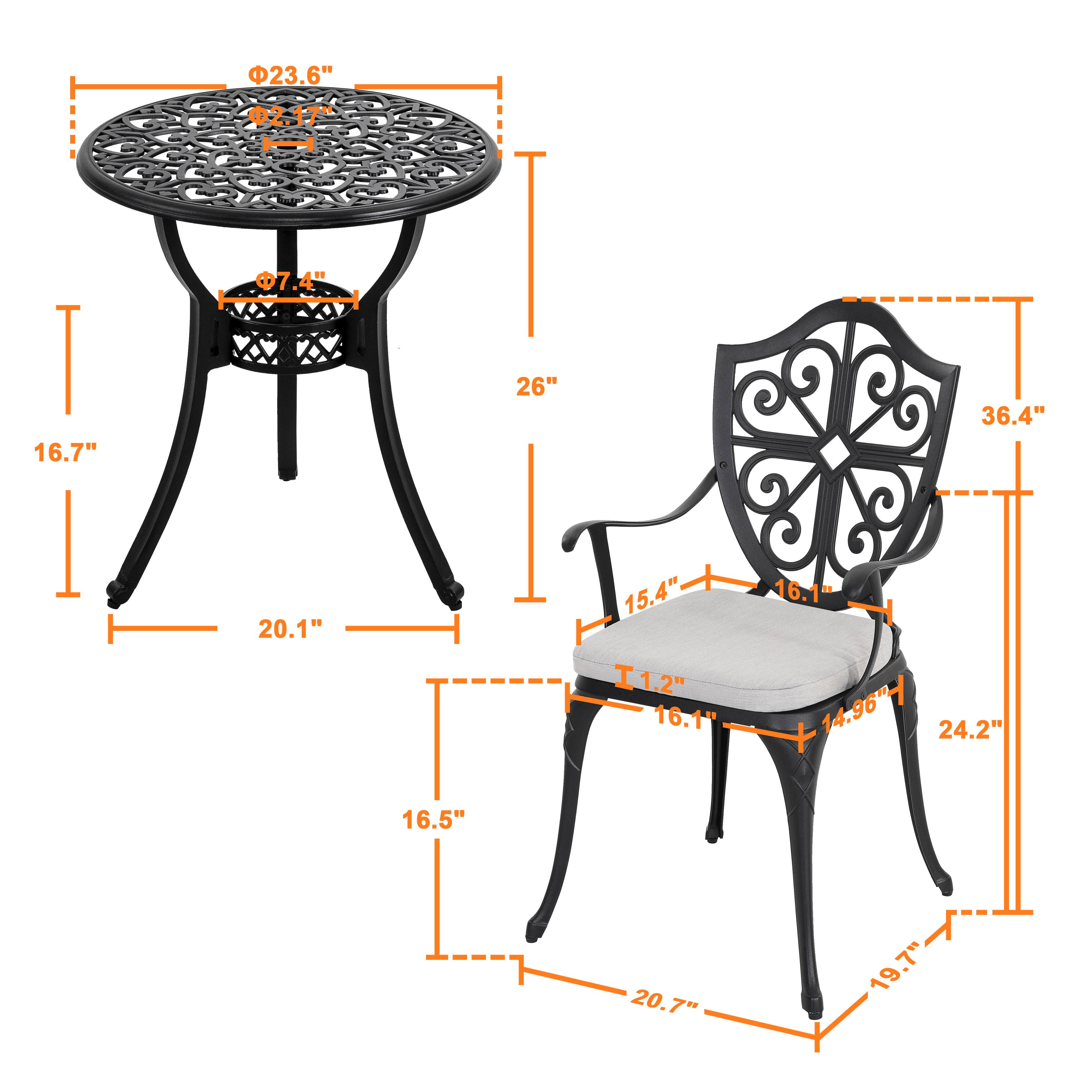 - Table:
  - Diameter: 23.6"
  - Top: 2.17"
  - Bottom: 7.4"
  - Height: 16.7"
  - Leg Width: 20.1"
  - Leg Height: 16.5"
  - Overall Height: 26"

- Chair:
  - Height: 36.4"
  - Seat Height: 16.1"
  - Seat Depth: 15.4"
  - Seat Width: 14.96"
  - Back Height: 24.2"
  - Armrest Height: 16.1"
  - Overall Width: 20.7"
  - Overall Depth: 19.7"