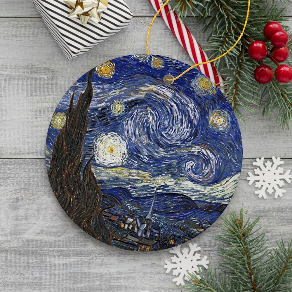 Back. OrnamentallyYou - Vincent Van Gogh The Starry Night Ceramic Ornament Famous Painting Christmas Decoration Souvenir Circle - Multi-colored.
