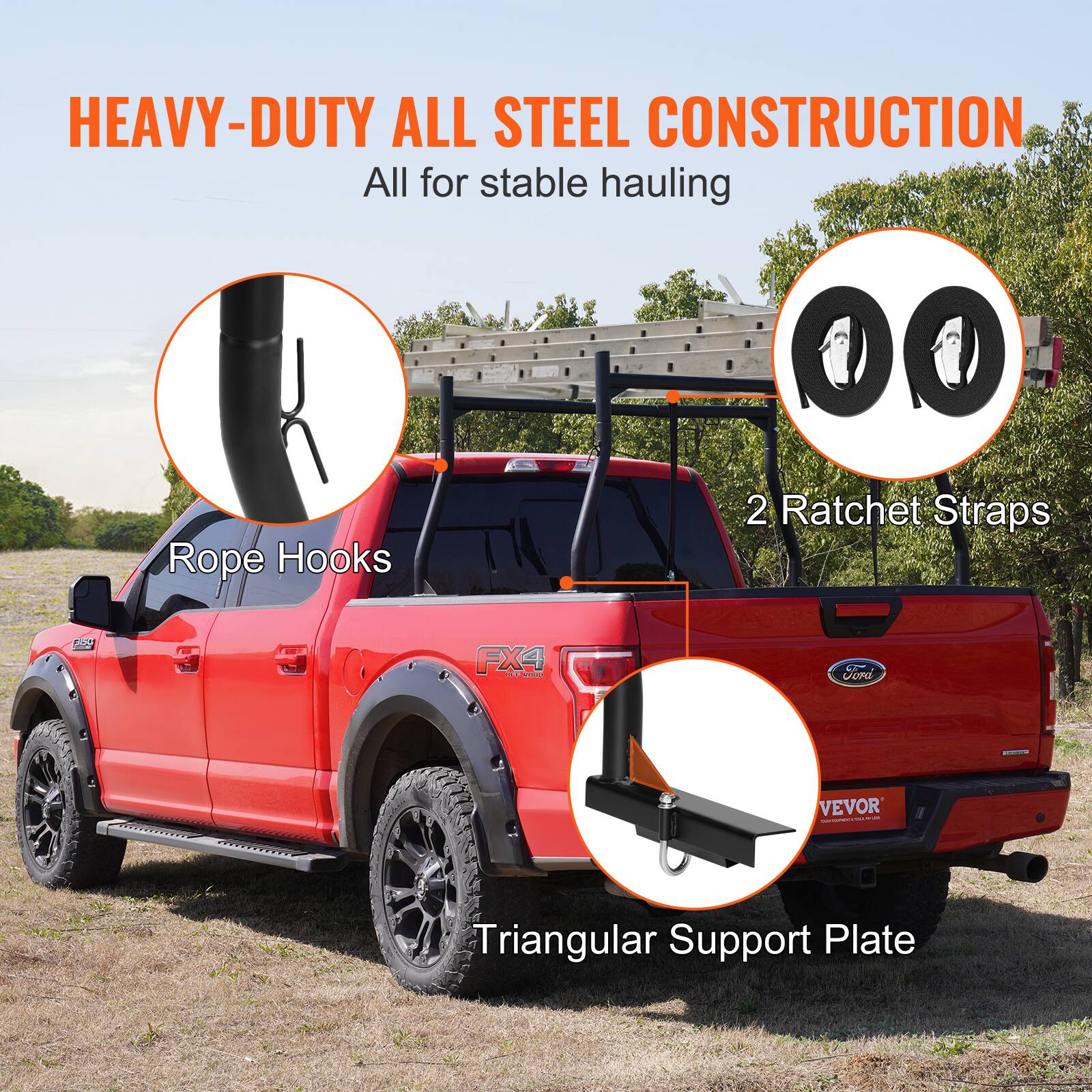HEAVY-DUTY ALL STEEL CONSTRUCTION  
All for stable hauling  

- Rope Hooks  
- 2 Ratchet Straps  
- Triangular Support Plate