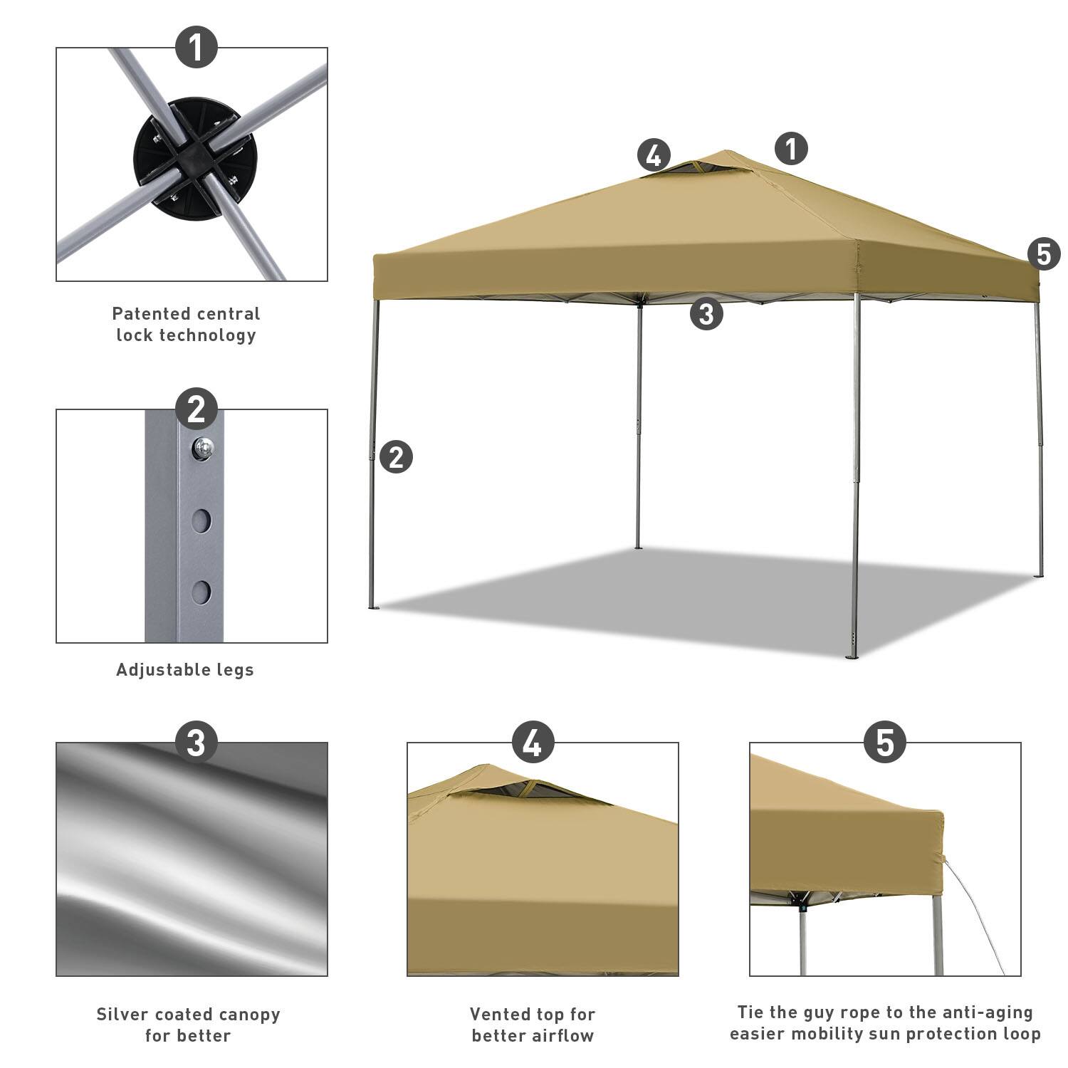 1 - Patented central lock technology
2 - Adjustable legs
3 - Silver coated canopy for better
4 - Vented top for better airflow
5 - Tie the guy rope to the anti-aging easier mobility sun protection loop