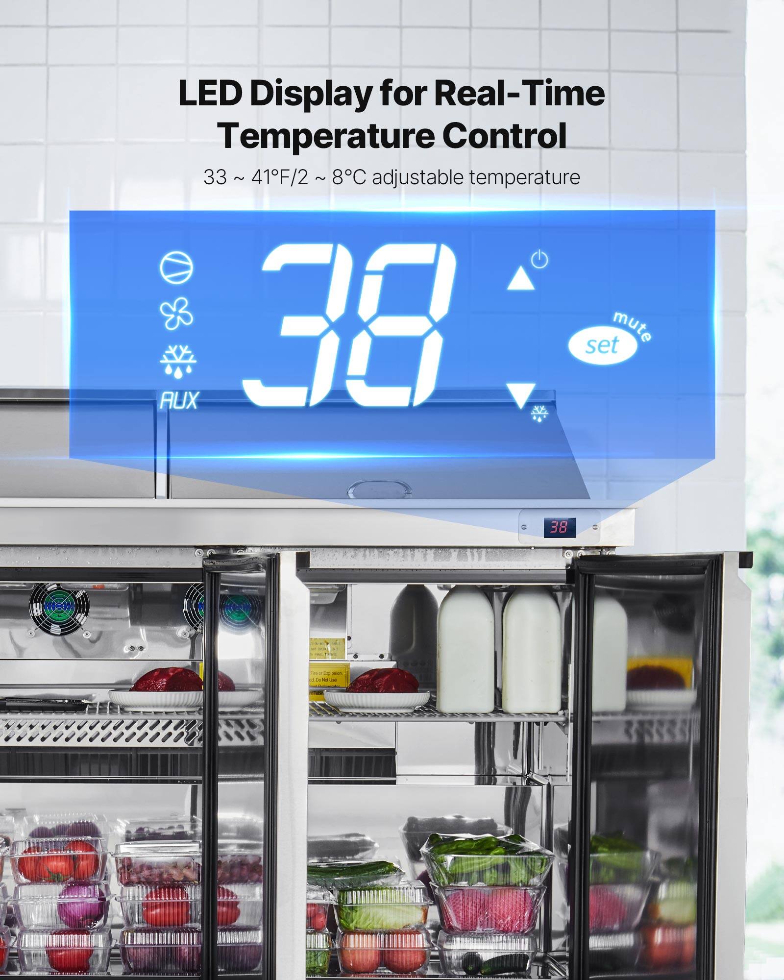LED Display for Real-Time Temperature Control  
33 ~ 41°F/2 ~ 8°C adjustable temperature  
AUX  
38  
set mute