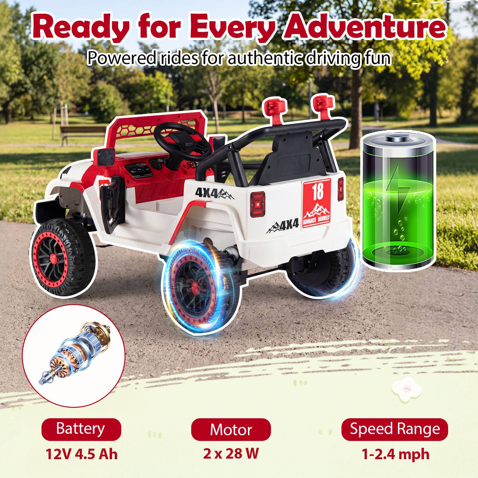 Ready for Every Adventure  
Powered rides for authentic driving fun  

DOLERE 4X4  
18 ADVANCE MAST 4X4  

Battery: 12V 4.5 Ah  
Motor: 2 x 28 W  
Speed Range: 1-2.4 mph