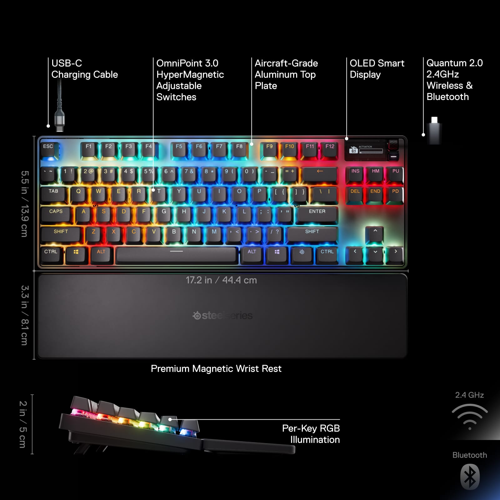 The image features a keyboard with a colorful rainbow design, which is a customizable keyboard. The keyboard has a USB-C charging cable, an aircraft-grade hypermagnetic aluminum top adjustable plate, and switches. It also has an OLED smart display, Quantum 2.0, and 2.4GHz wireless and Bluetooth capabilities. The keyboard is 13.9 cm in size and has a premium magnetic wrist rest. The image also includes a diagram of the keyboard, showing the different keys and their functions.