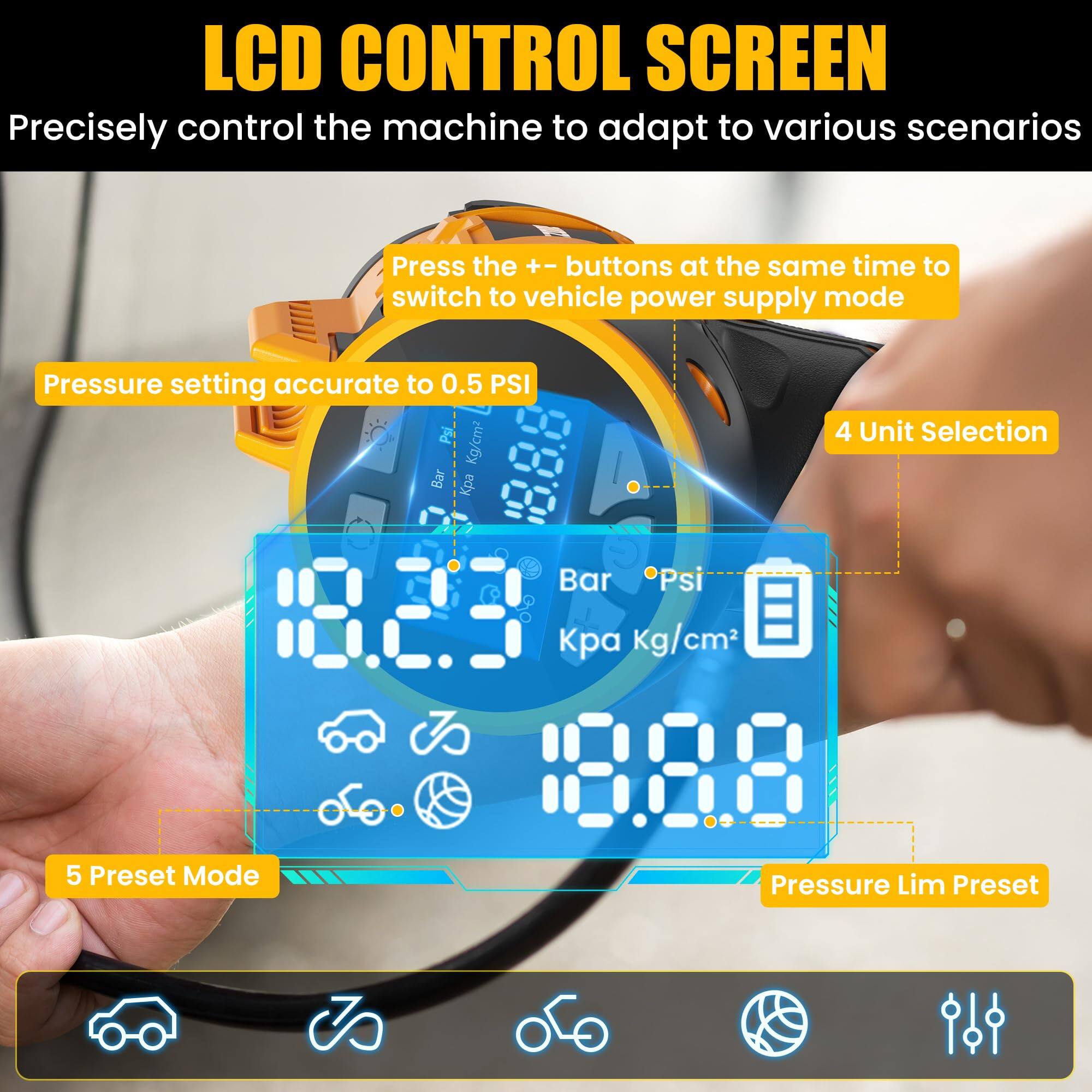 LCD CONTROL SCREEN  
Precisely control the machine to adapt to various scenarios  

Press the + and - buttons at the same time to switch to vehicle power supply mode  

Pressure setting accurate to 0.5 PSI  

4 Unit Selection  
Bar Psi  
Kpa Kg/cm²  

5 Preset Mode  

Pressure Lim Preset