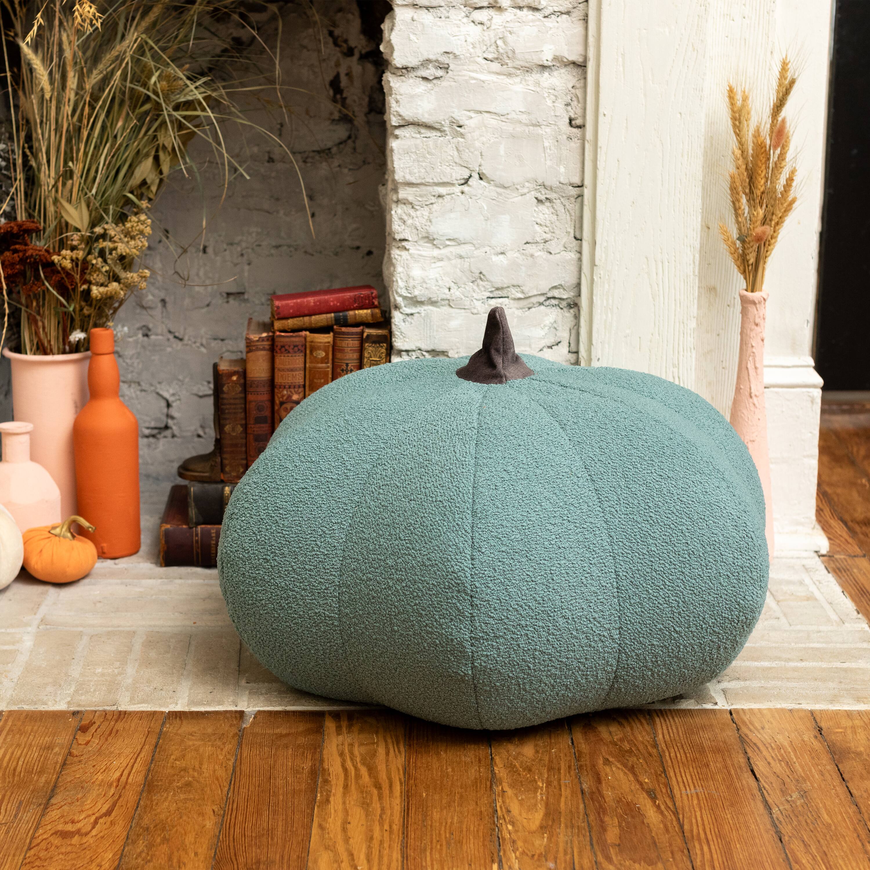 Left. Jaxx - Jaxx Pumpkin Pouf - Luxurious Ottoman for Fall & Halloween Décor - Boucle Green - Boucle White.