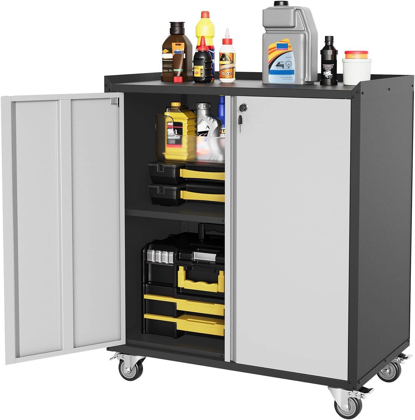 Front. Acekool - 35" H Metal Locking Cabinet, with Adjustable Shelves and Wheels.