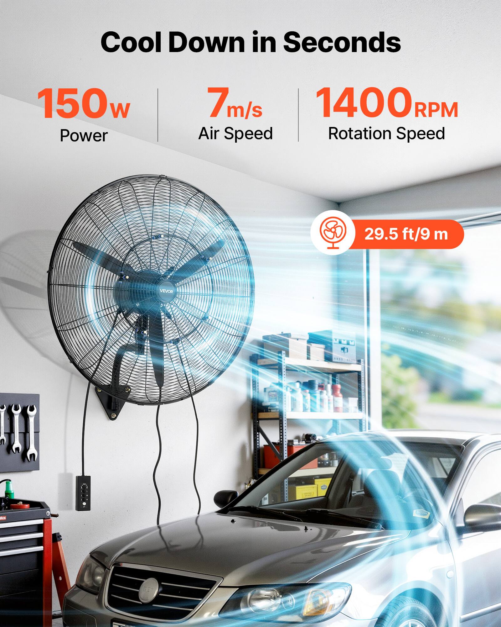 Cool Down in Seconds

150w Power  
7 m/s Air Speed  
1400 RPM Rotation Speed  

29.5 ft/9 m