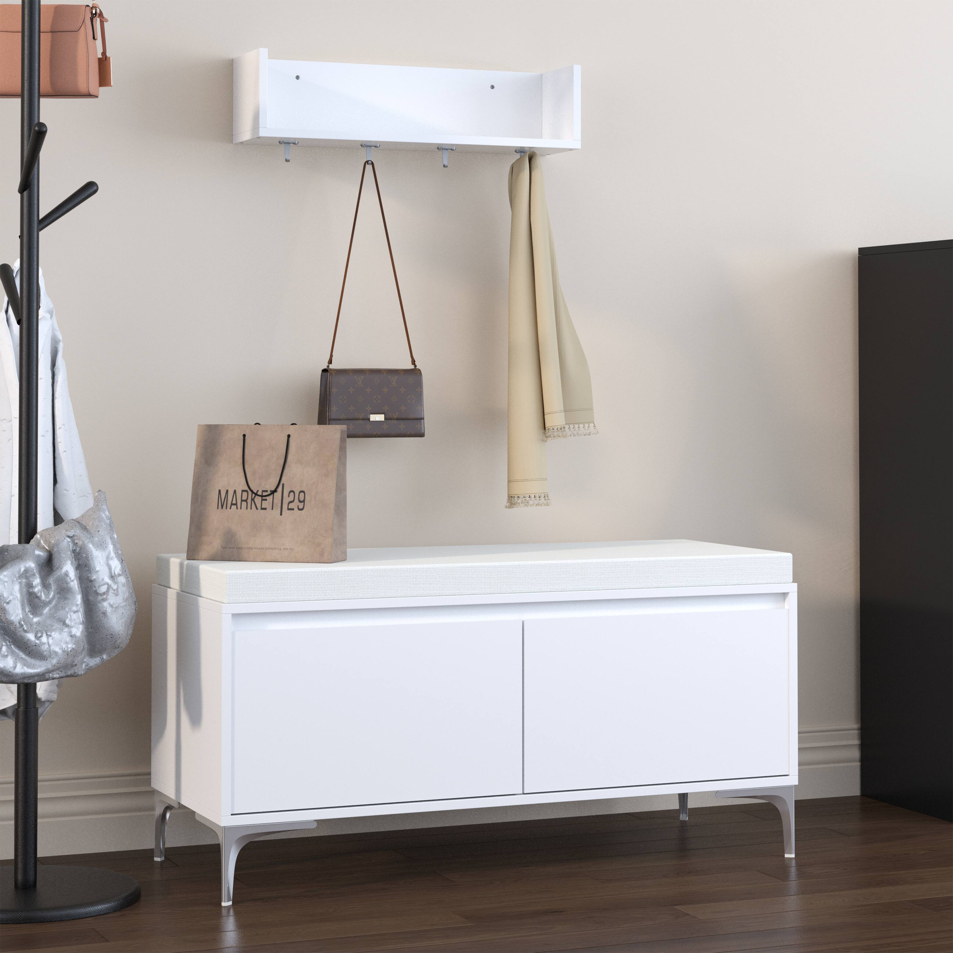 Alt View 10. Ropilly - Ropilly Entryway Storage Bench with Wall-Mounted Shelf & Coat Hooks, White Shoe Cabinet with Padded Cushion - White.