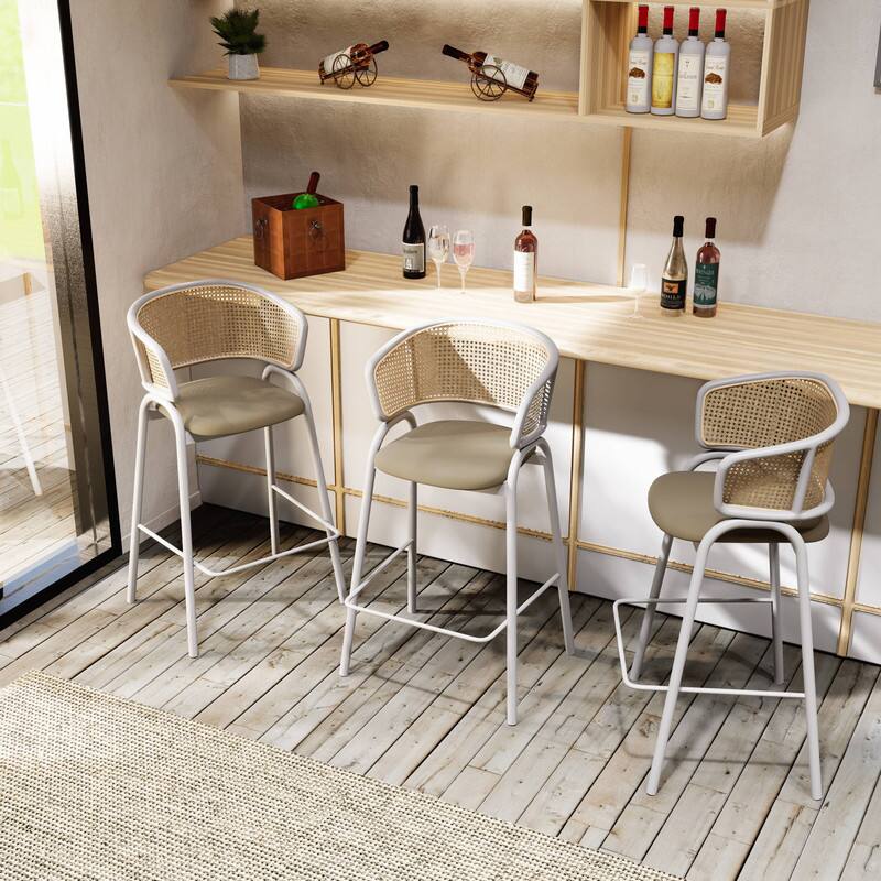 LeisureMod Ervilla Wicker Bar Stool with Fabric Seat, Mid Century ...